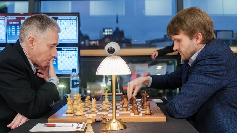 Vitiugov taking on English legend Michael Adams at the 2025 London Chess Classic.