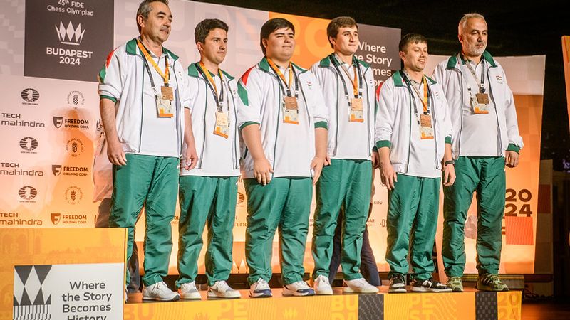 Tajikistan took a team Group C bronze in the Open section at 2024 Olympiad in Budapest. Photo: Michal Walusza/FIDE.