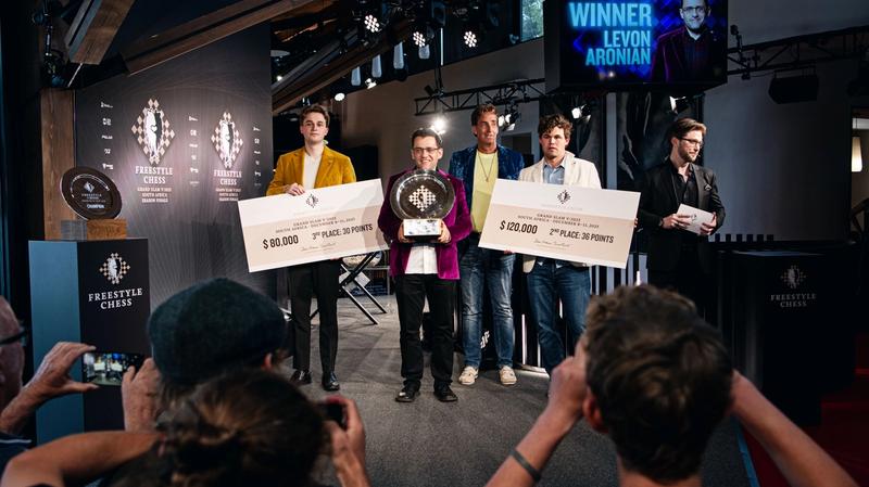 Aronian flanked by Keymer, Carlsen and (centre) the organiser Jan Henric Buettner.