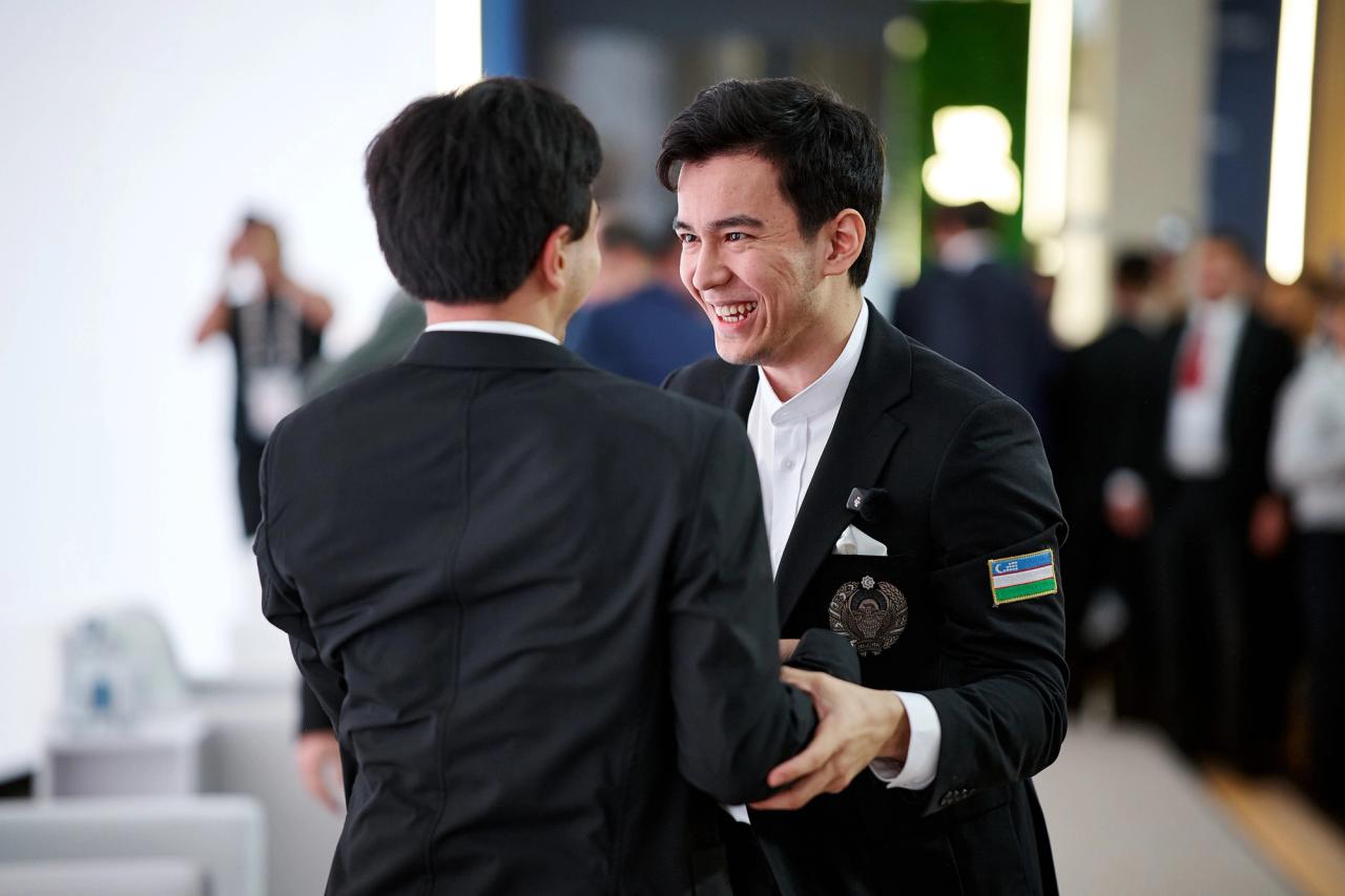 Javokhir Sindarov celebrating Uzbekistan's win.
