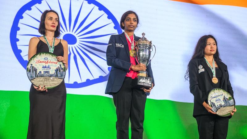 The top three finishers in the Women's tournament all turned up. Photo: Michal Walusza/FIDE.