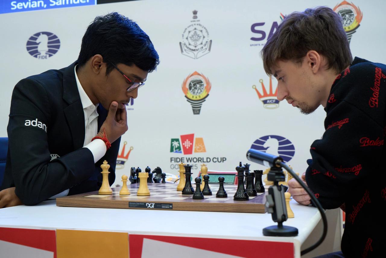 Indian hope GM Praggnanandhaa R (left). Photo: Eteri Kublashvili/FIDE.