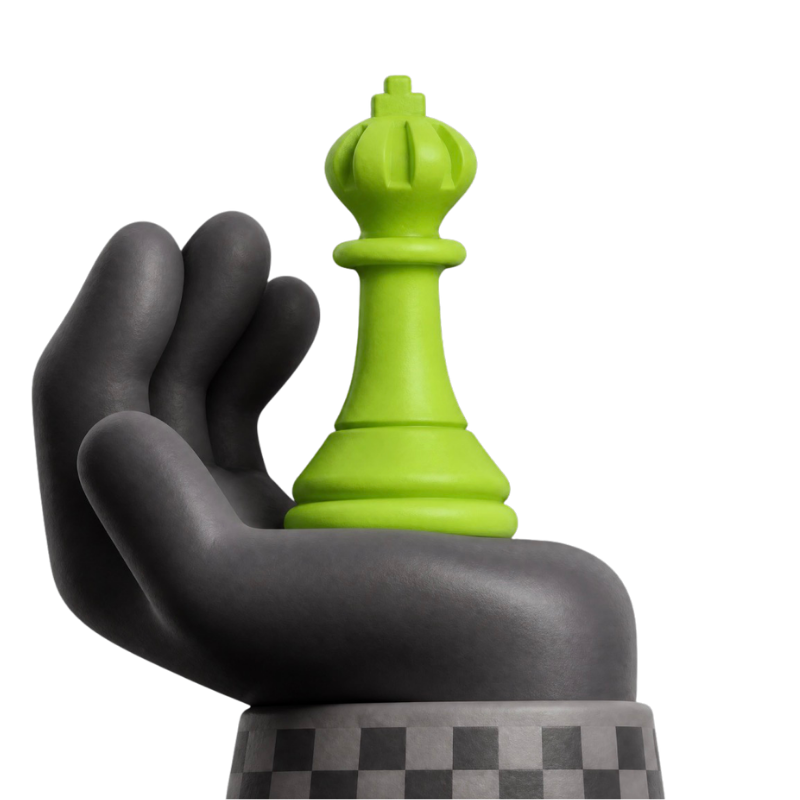 A hand holding a green chess king