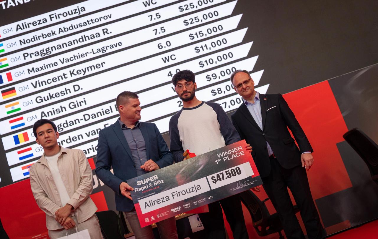 Alireza Firouzja和Nodirbek Abdusattorov在领奖台上。图片来源:Grand Chess Tour。