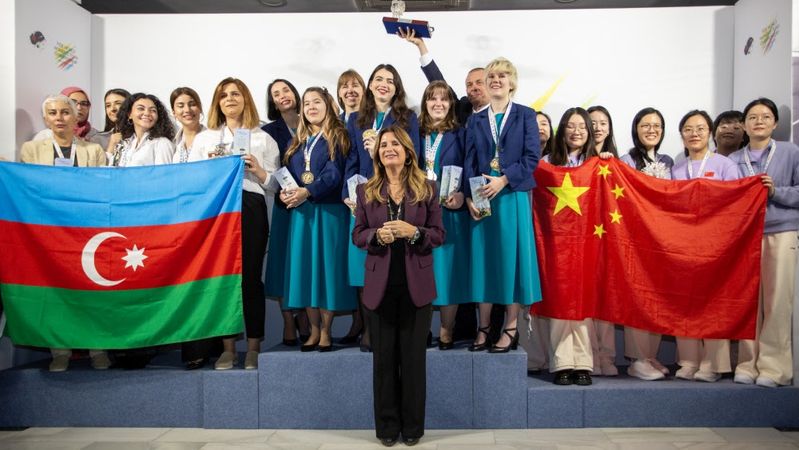 The medial podium at the Women's World Team Champs.
