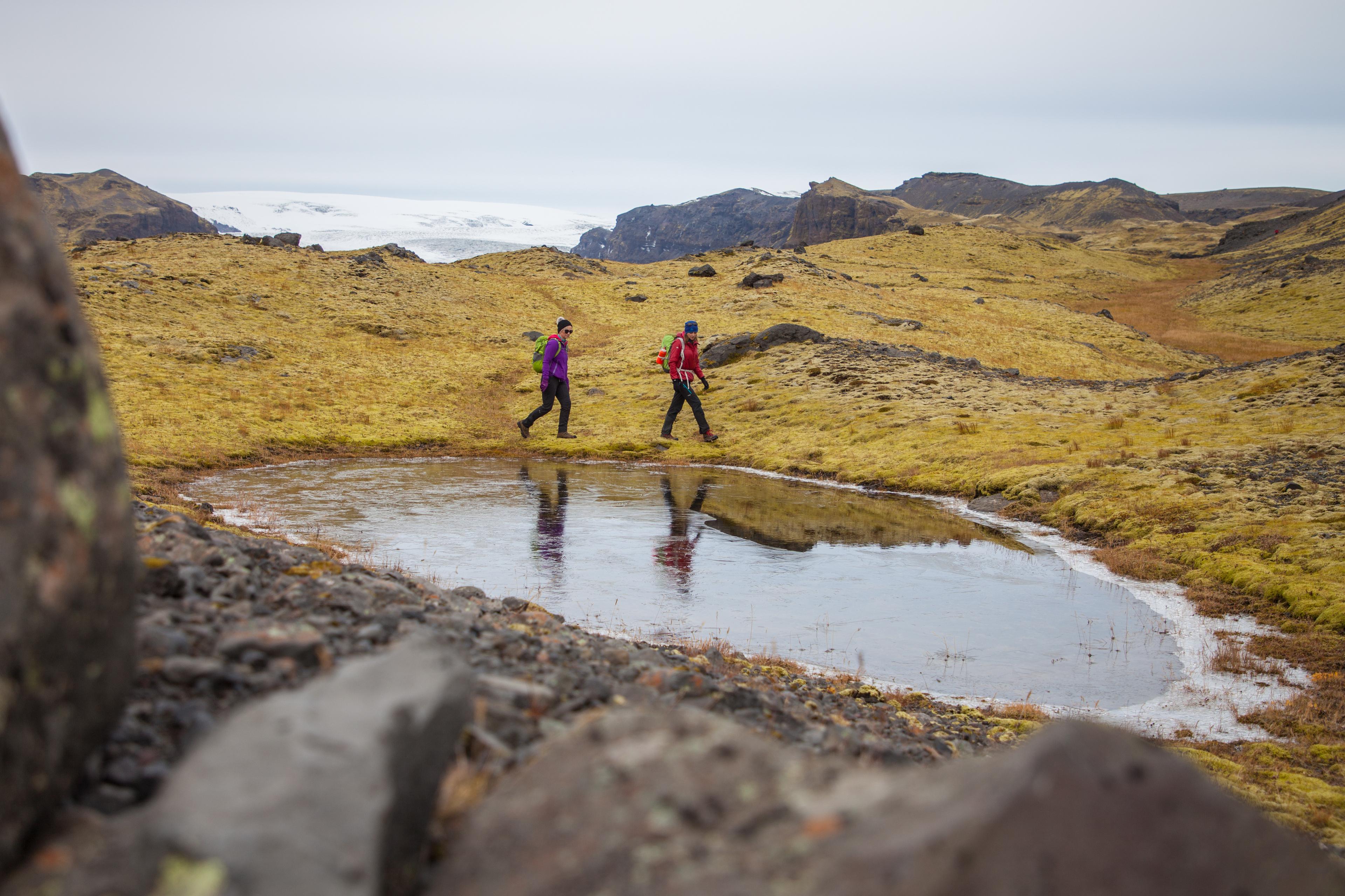 Two hikers walking past a small pond on the way down glacier panorama trail