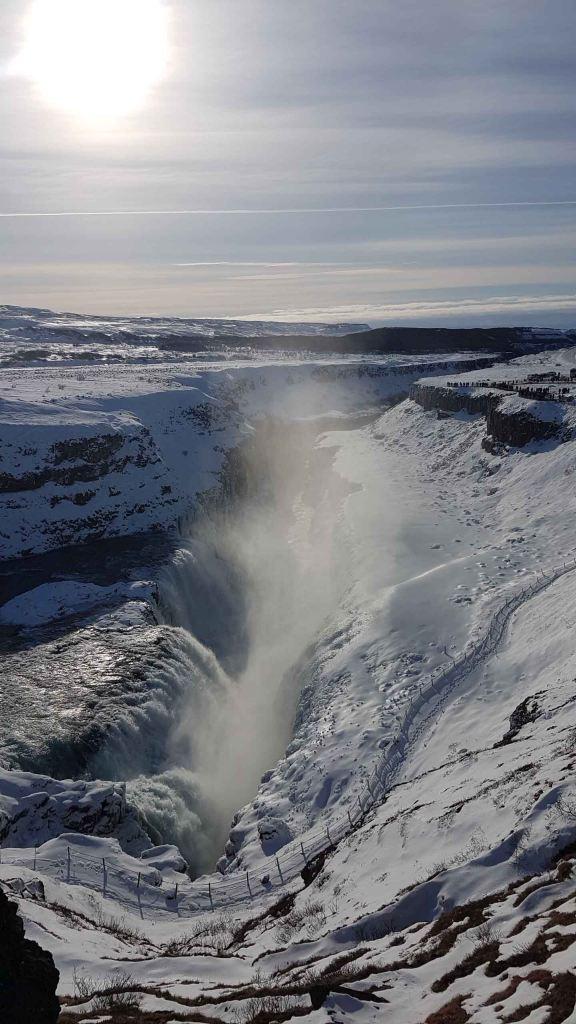 A view of Gullfoss from above on a sunny winter day