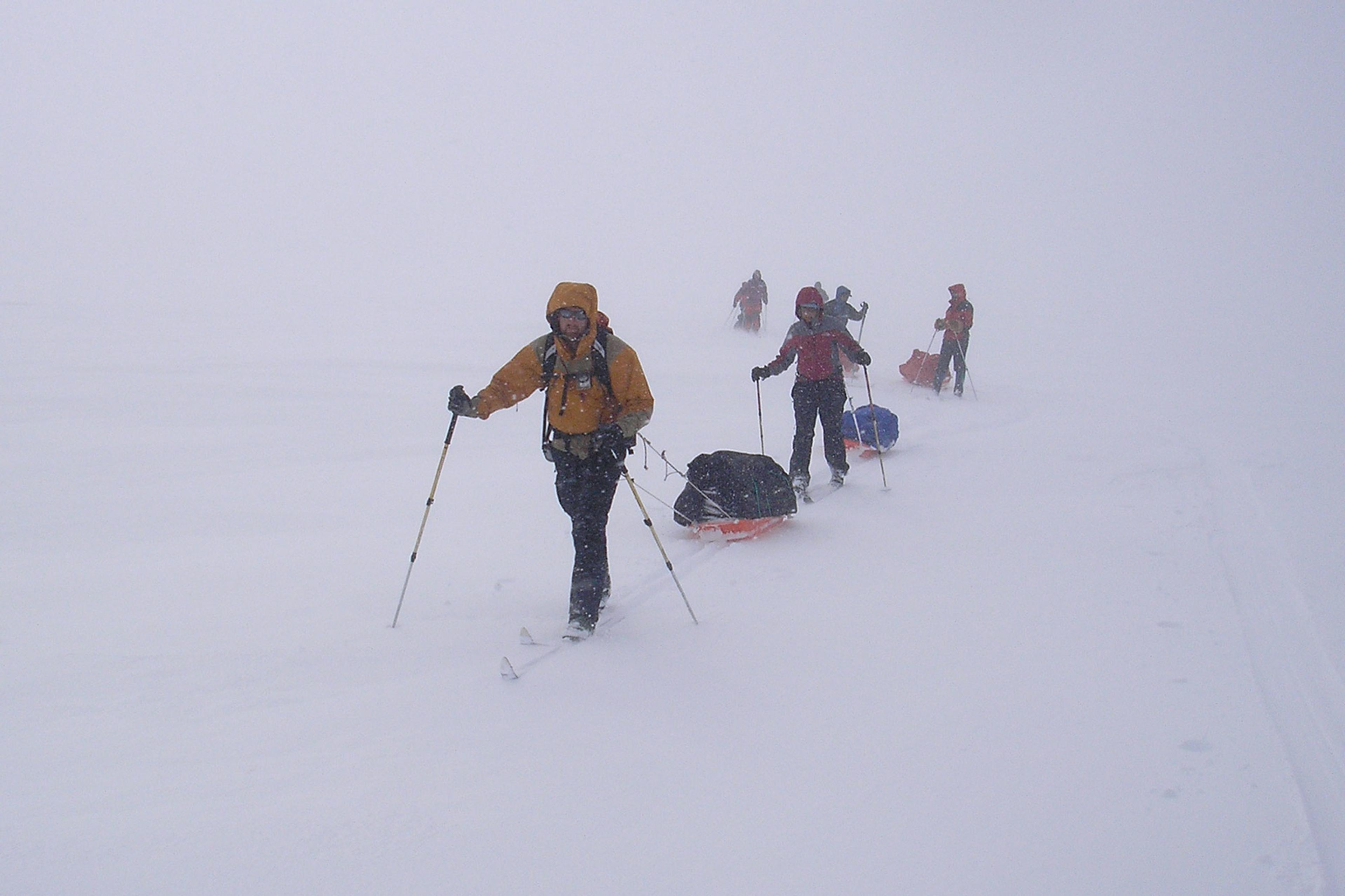 Expedition members skiing in a bad visibility and snowfall