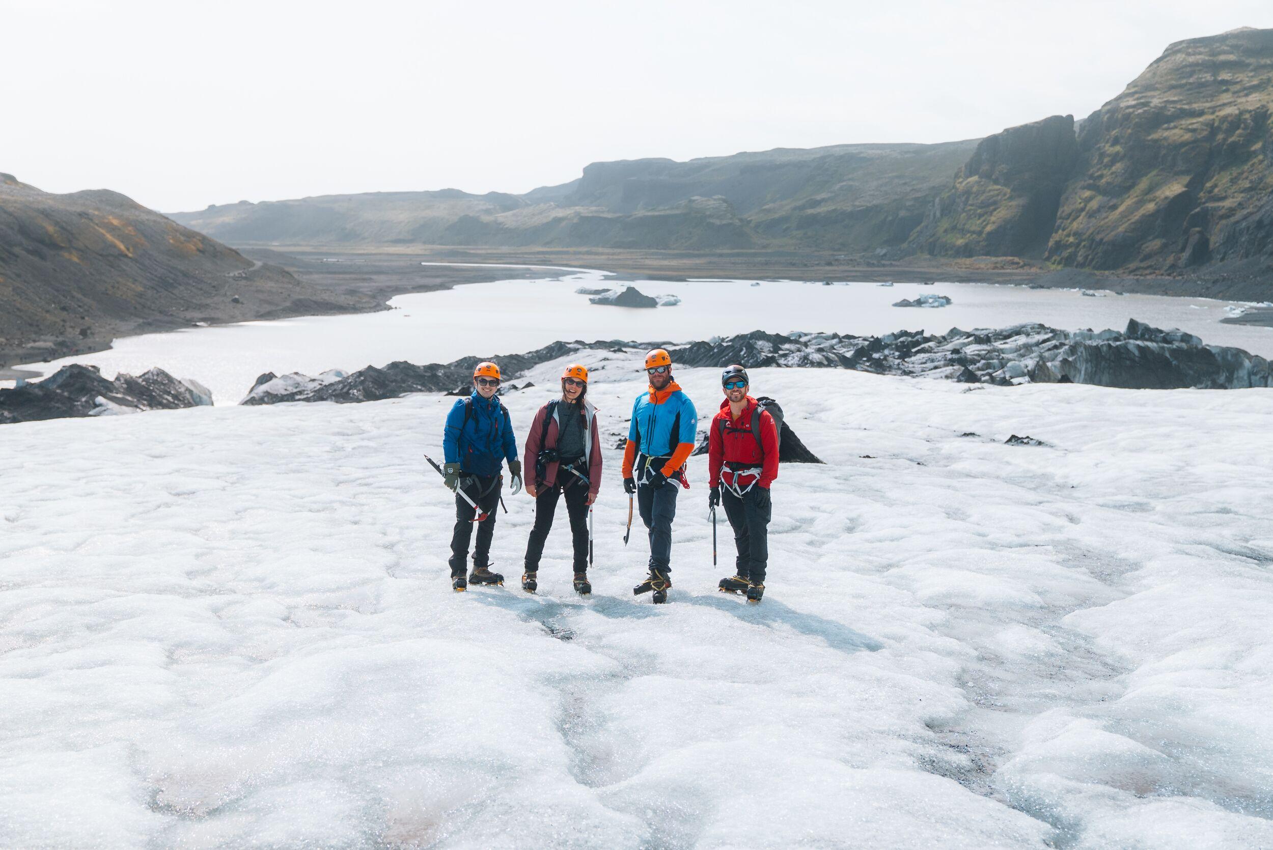 People hiking up Sólheimajökull on a glacier walk