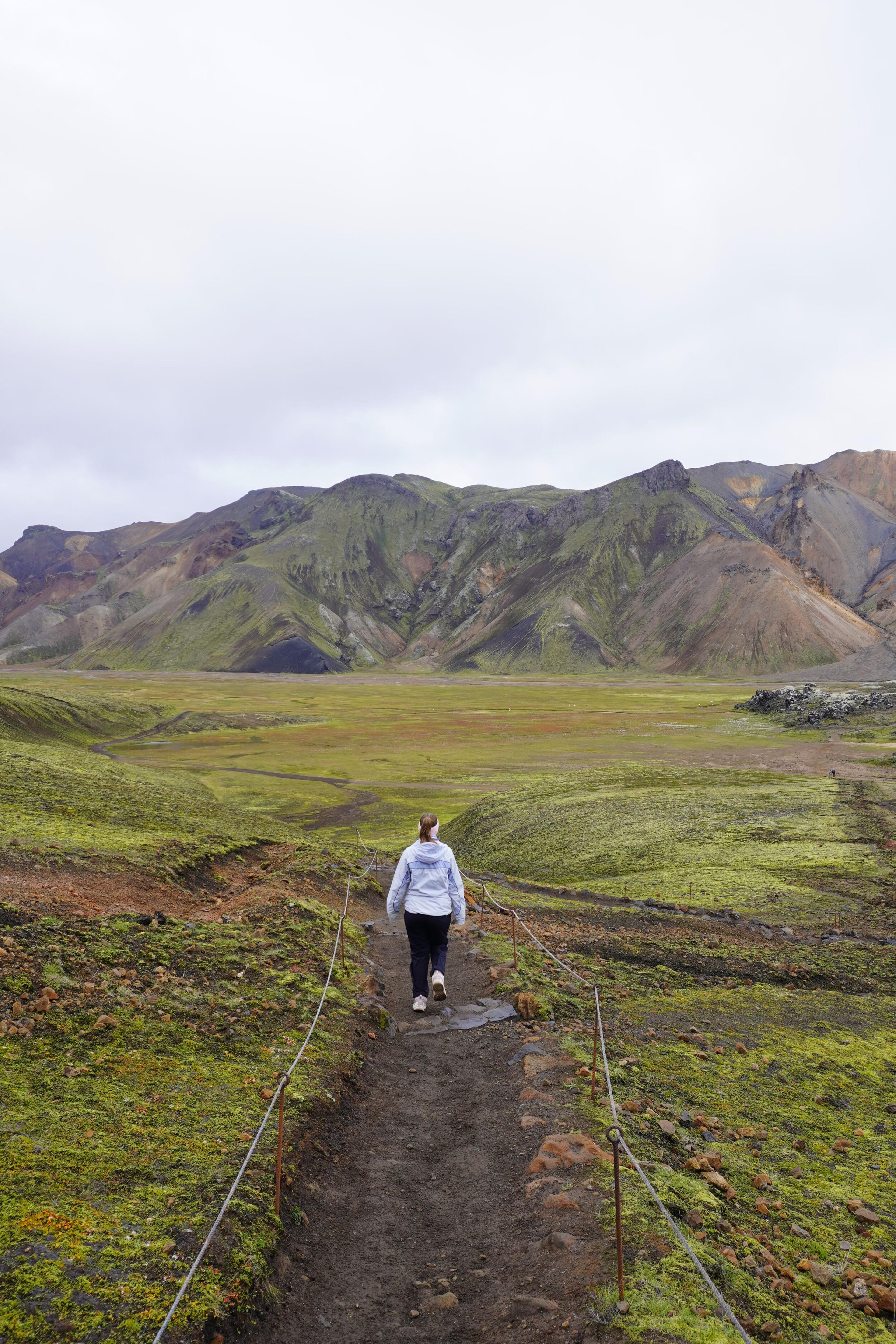A person hiking on a marked trail in green and colorful landscapes in Iceland