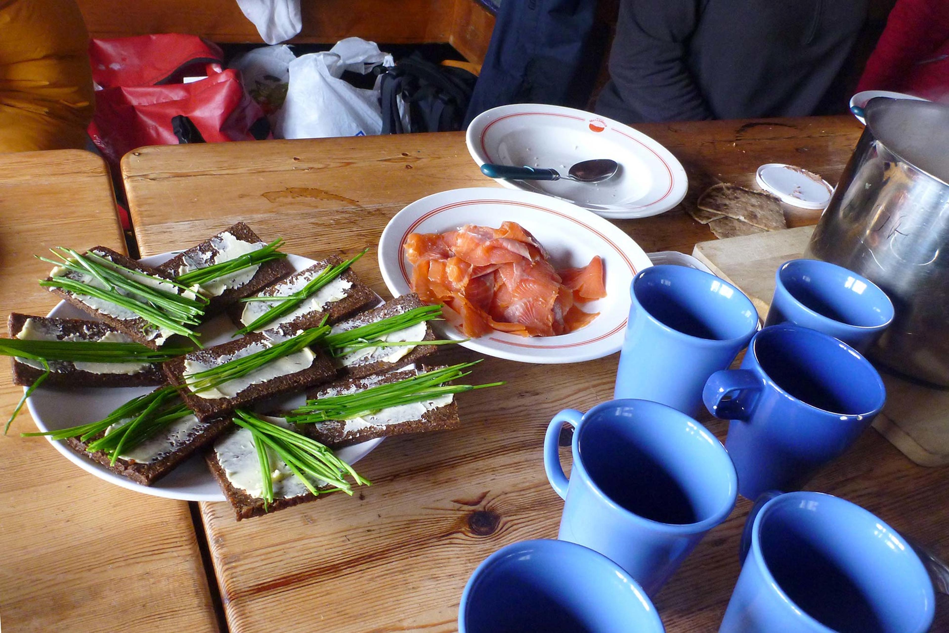 Food on the table inside a hut in the icelandic highlands