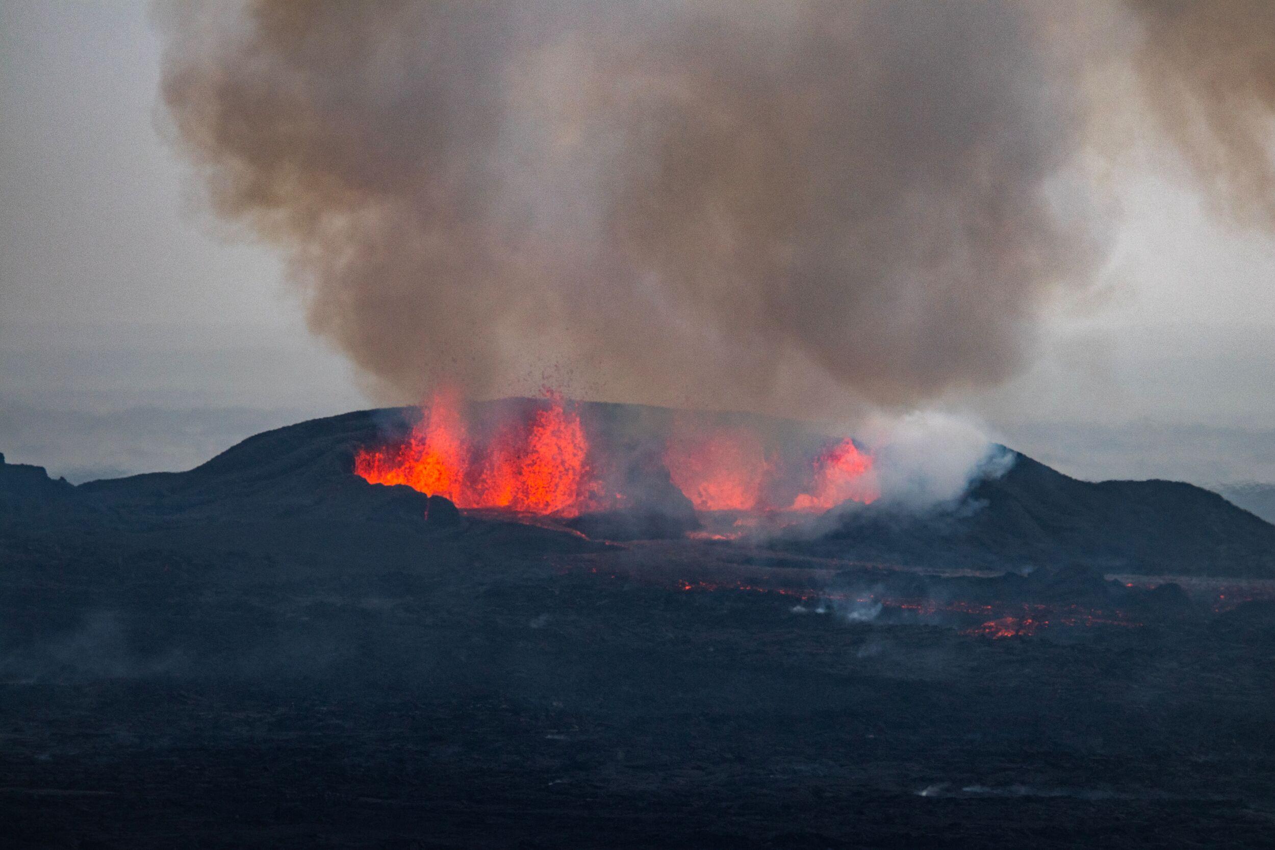 The fiery active eruption in a crater in Reykjanes in Iceland