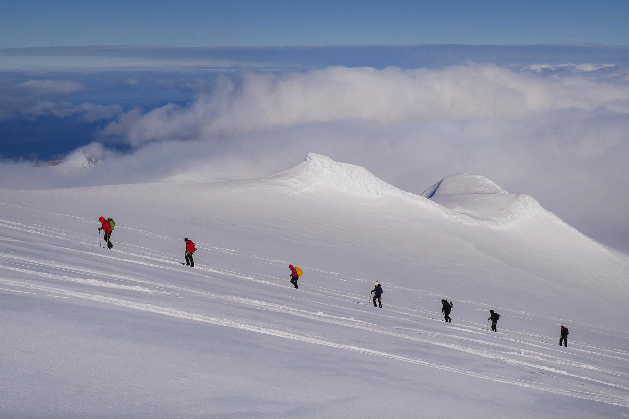 Hikers nearing the summit of Snafellsjokull glacier