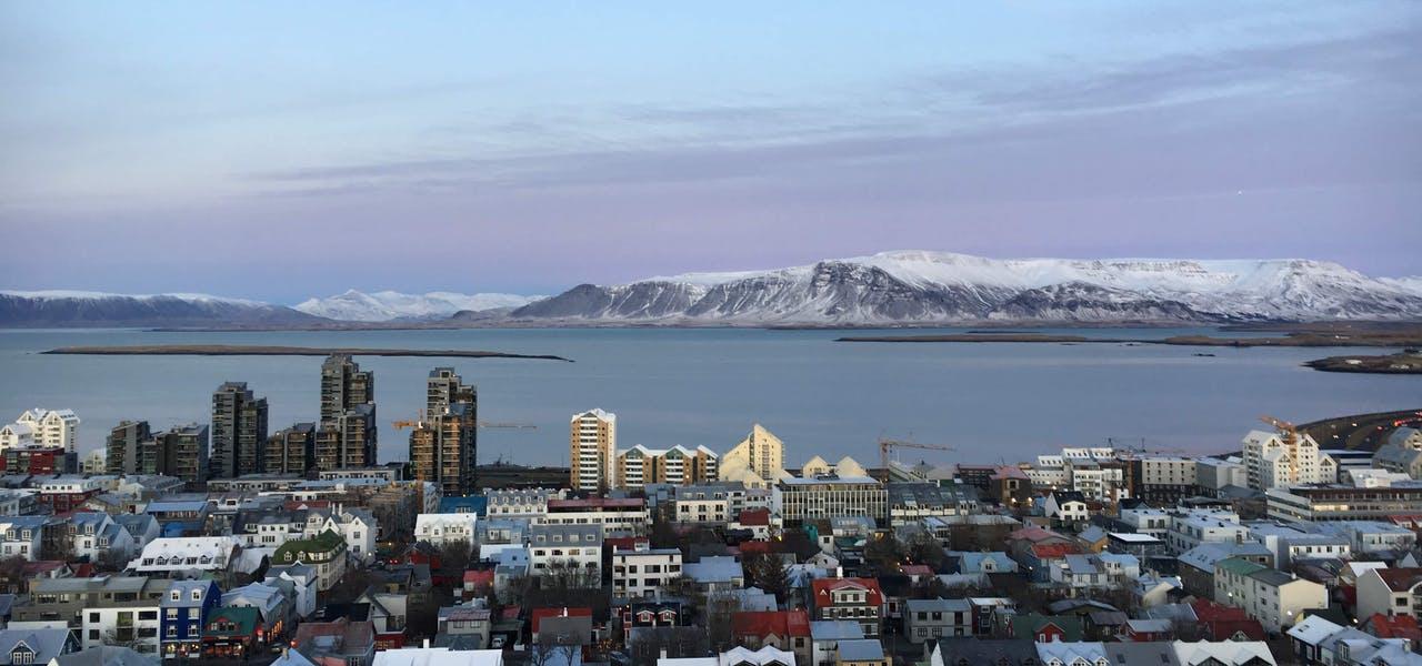 Skyline of Reykjavík harbor with Esjan in the background