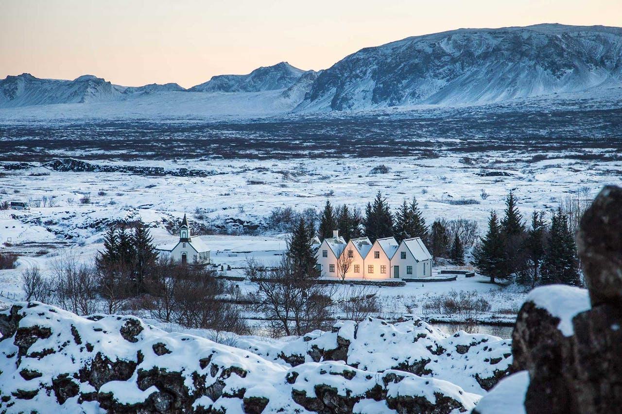 Thingvellir in February- the farm and old church and the surrounding landscape under a blanket of snow