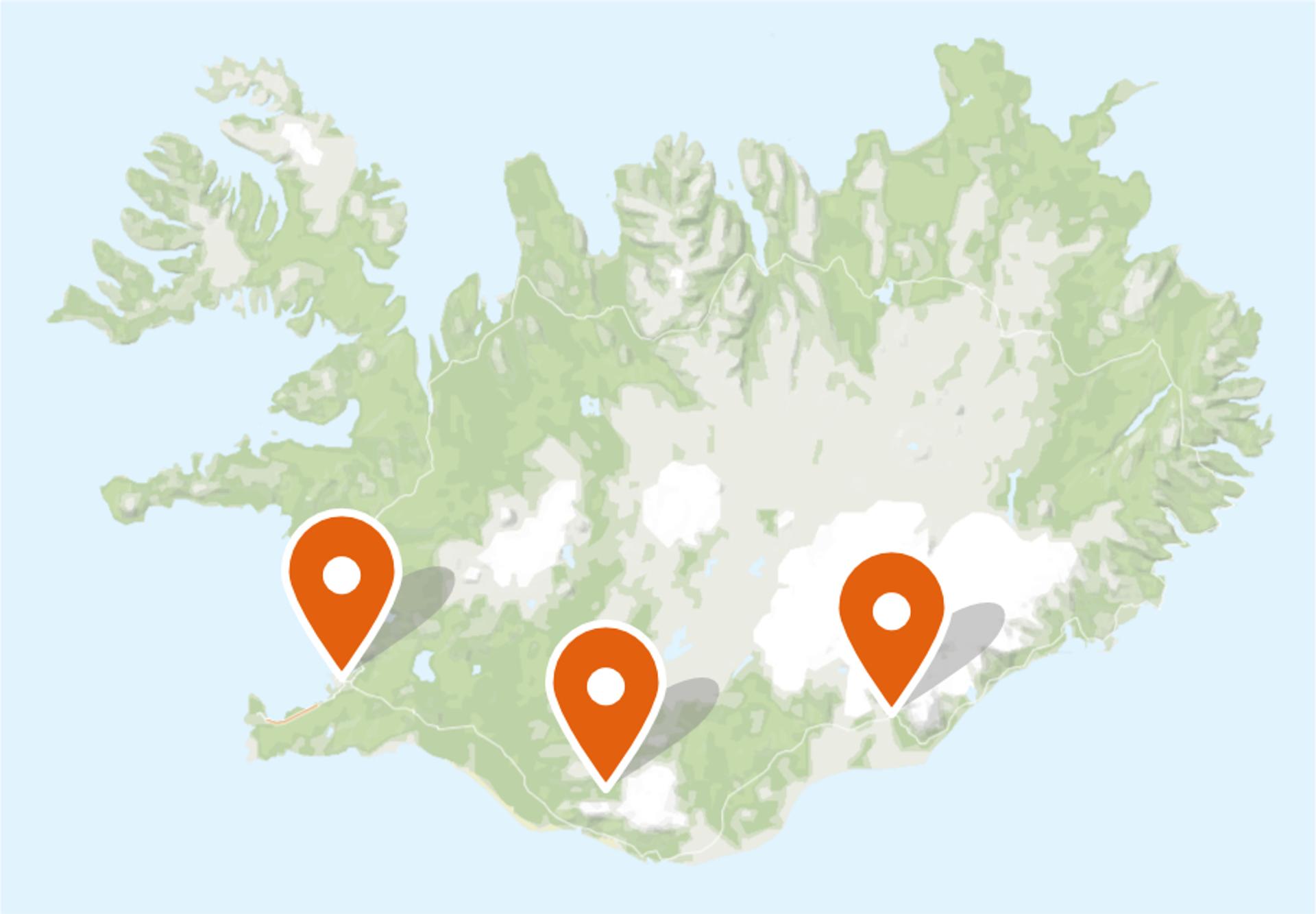 Map of Iceland showing with red dots the departure points of glacier hike tours in Iceland