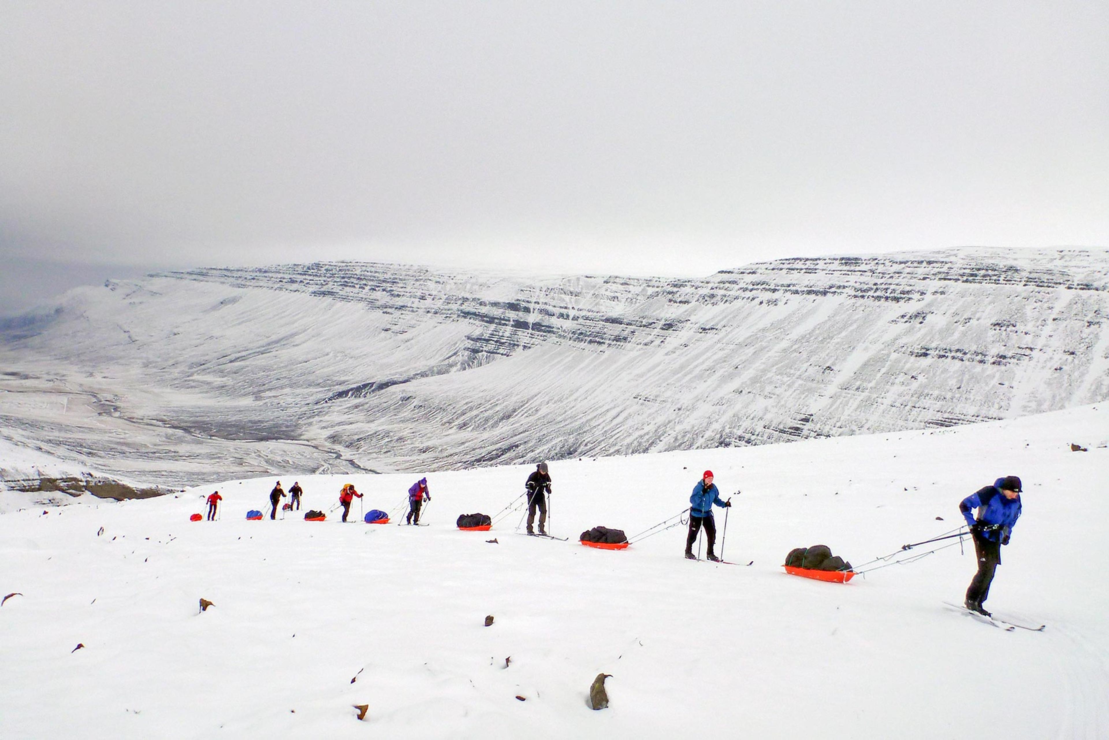 Skiers on the Sprengisandur traverse expedition going up from Eyjafjörður