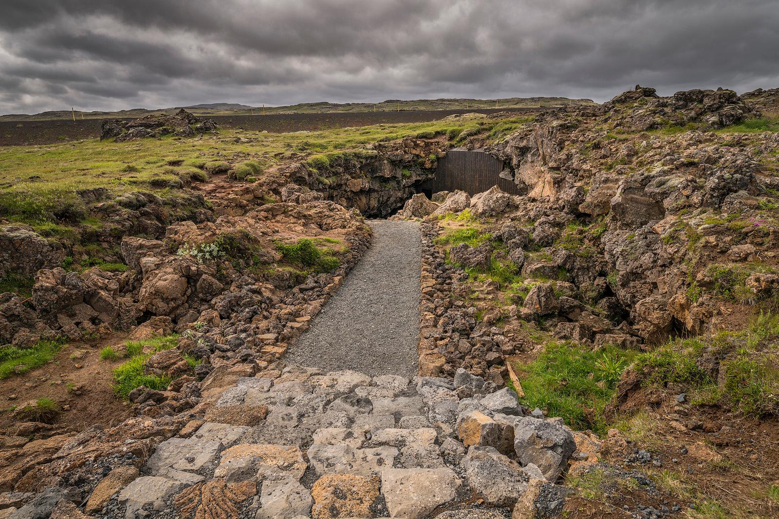 The track leading to the entrance of Raufarhólshellir lava tunnel.