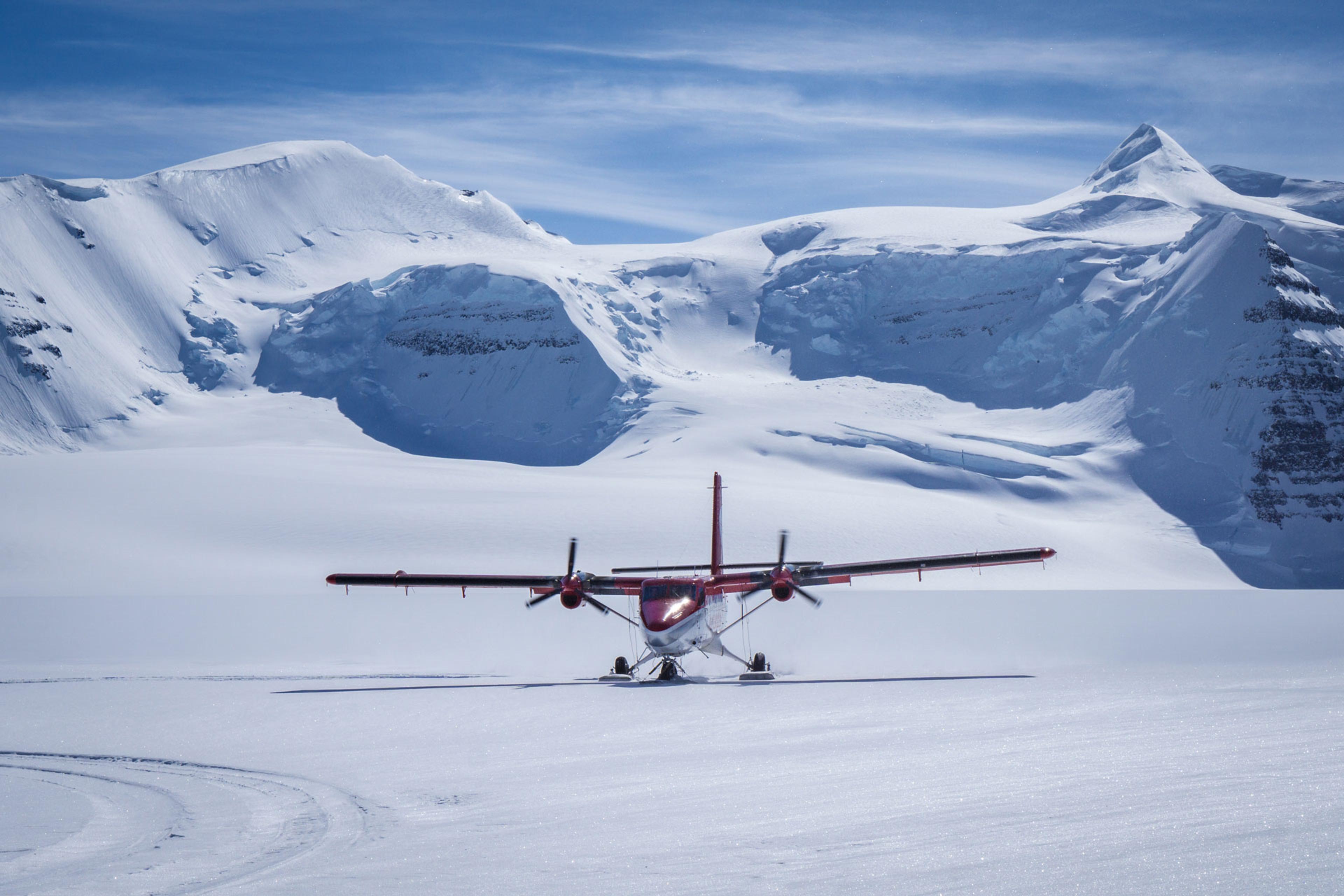 The twin otter ski plane arrives in the watkins range area