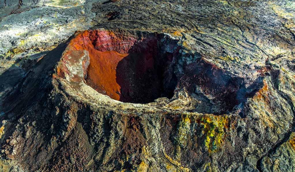 The aerial view of Fagradalsfjall volcanic crater after the eruption ended