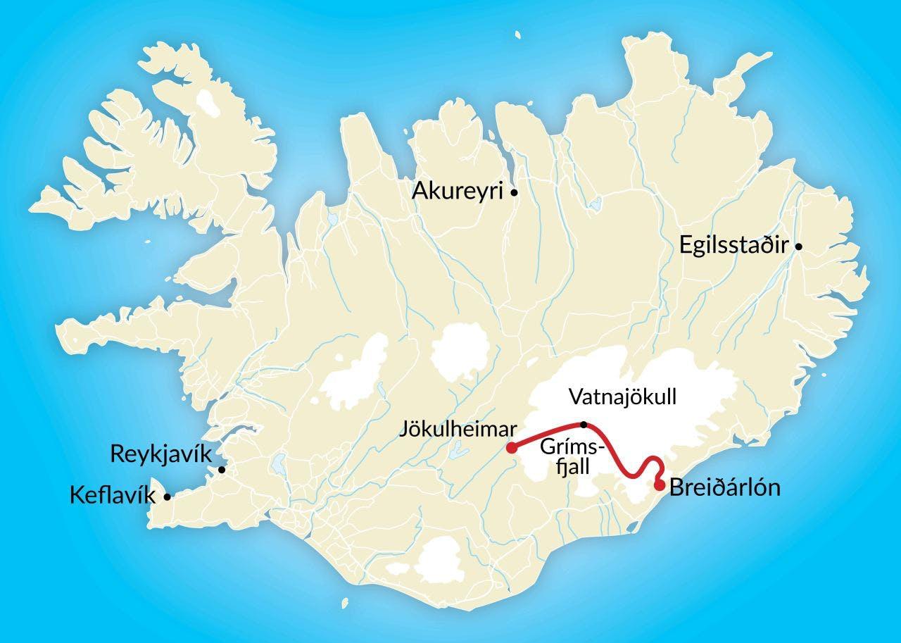 Map of Iceland showing rout the Icelandic Mountain Guides tour Vatnajökull Glacier Expedition 2014 crossed Vatnajökull glacier