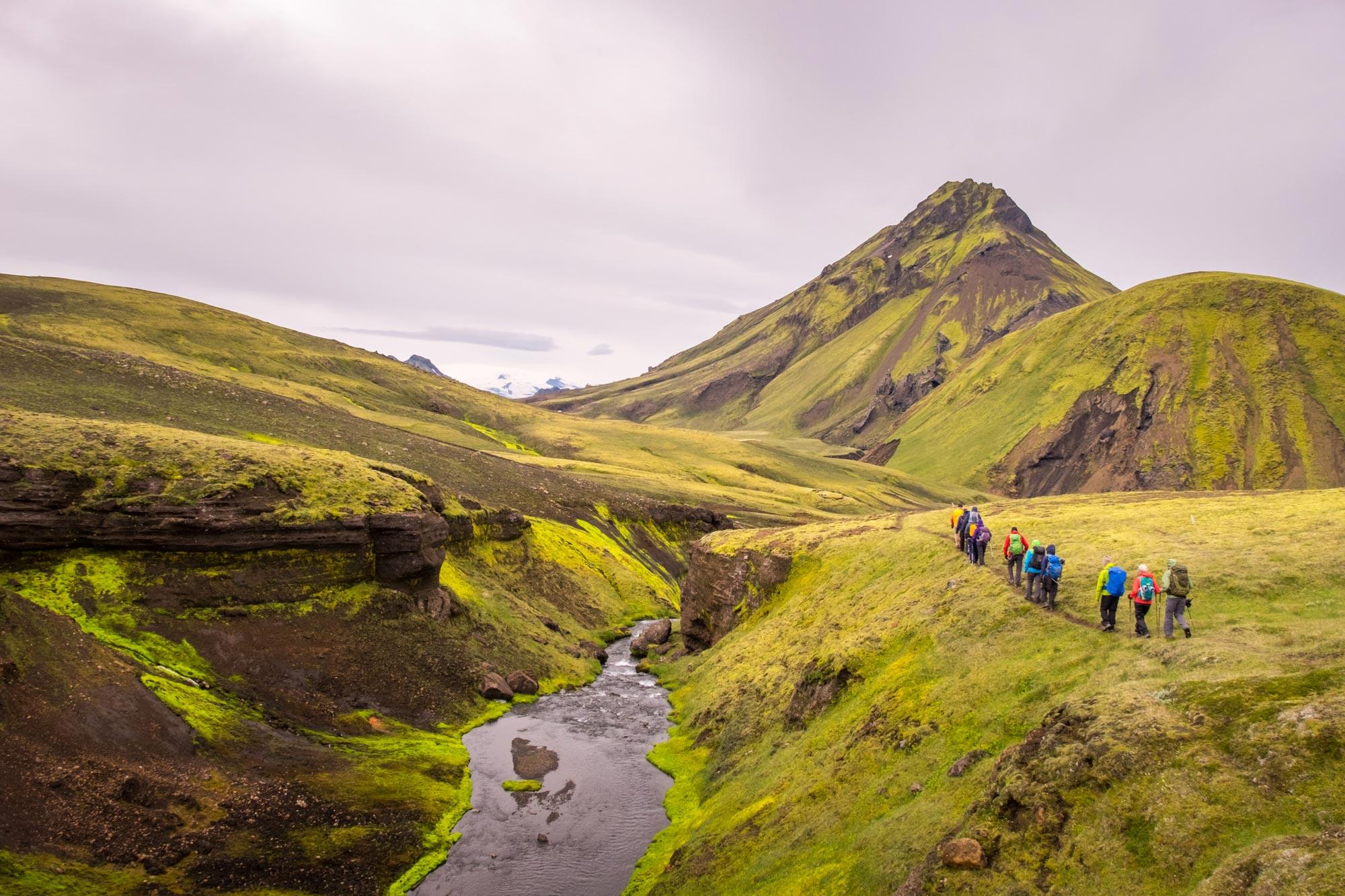 Hikers walking in a grassy field by a river and a mountain in the background