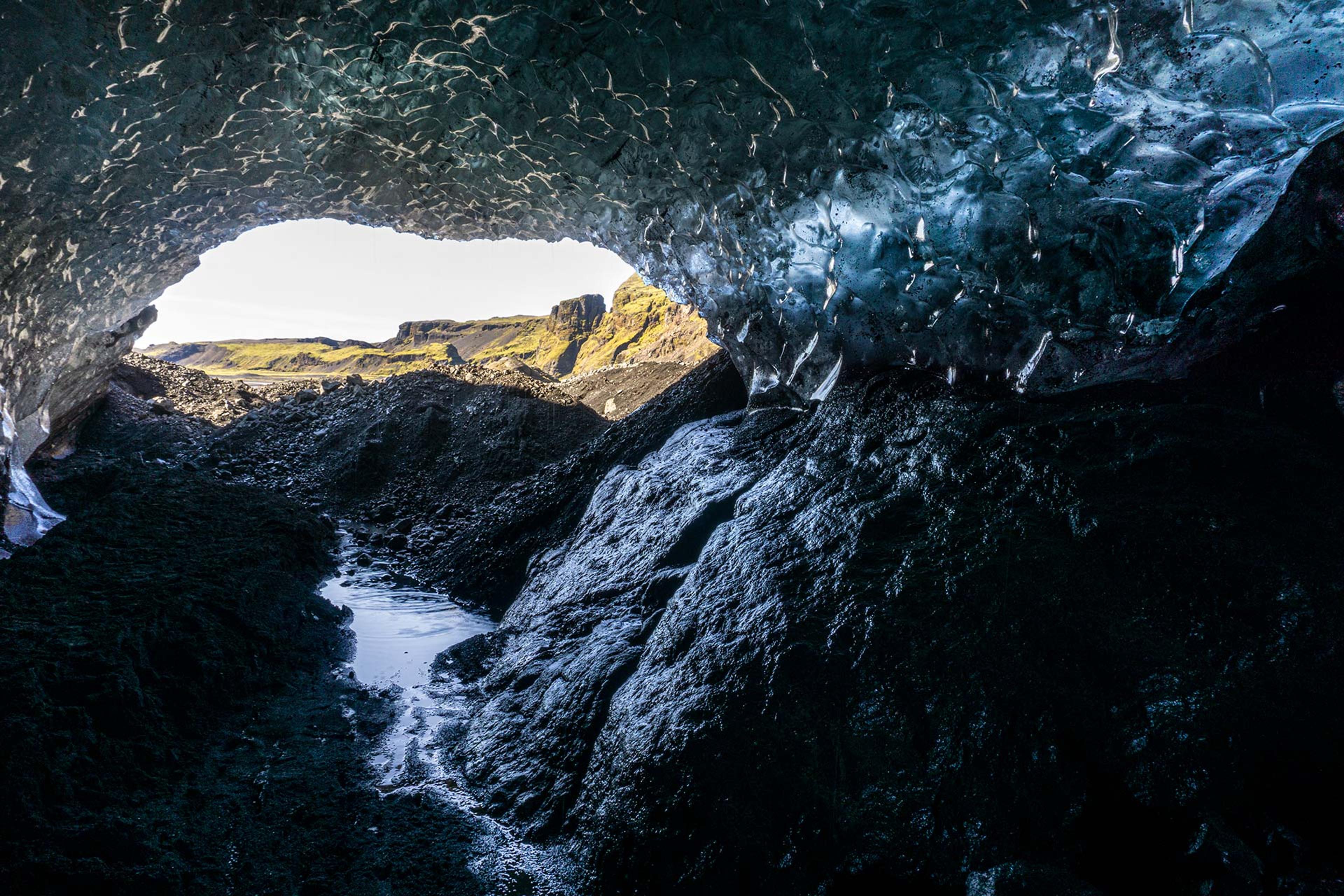 Looking towards an opening of an ice cave