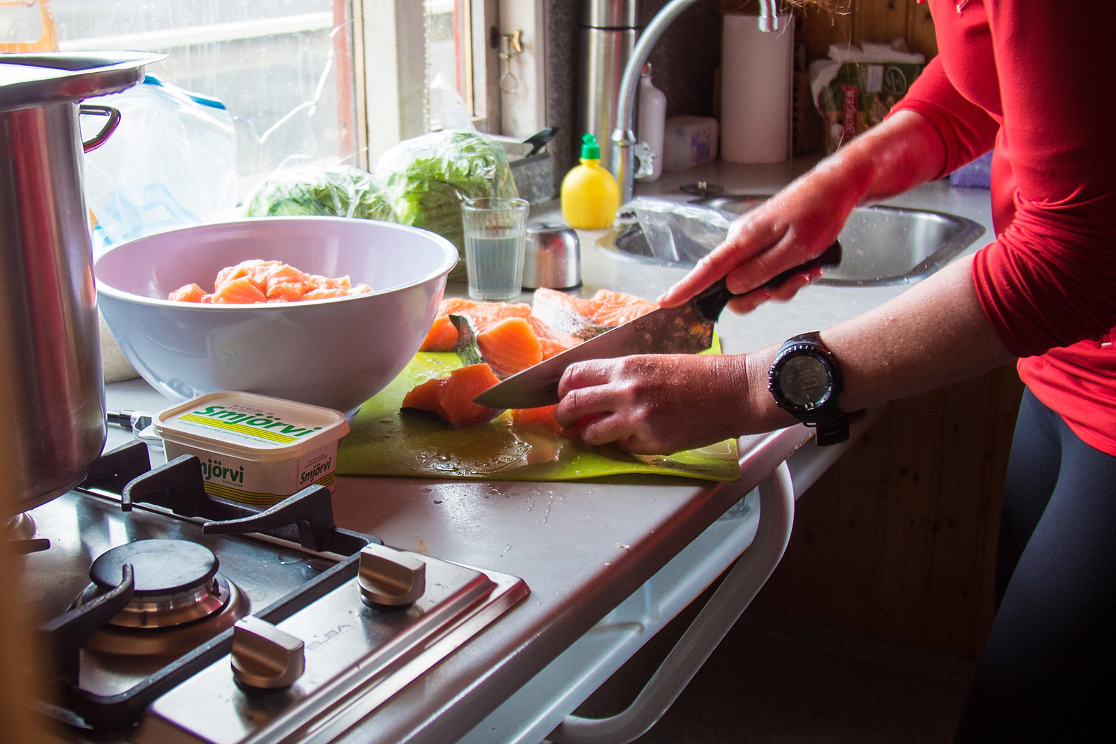 Food preparation by Icelandic Mountain Guides for hungry explorers in a mountain hut