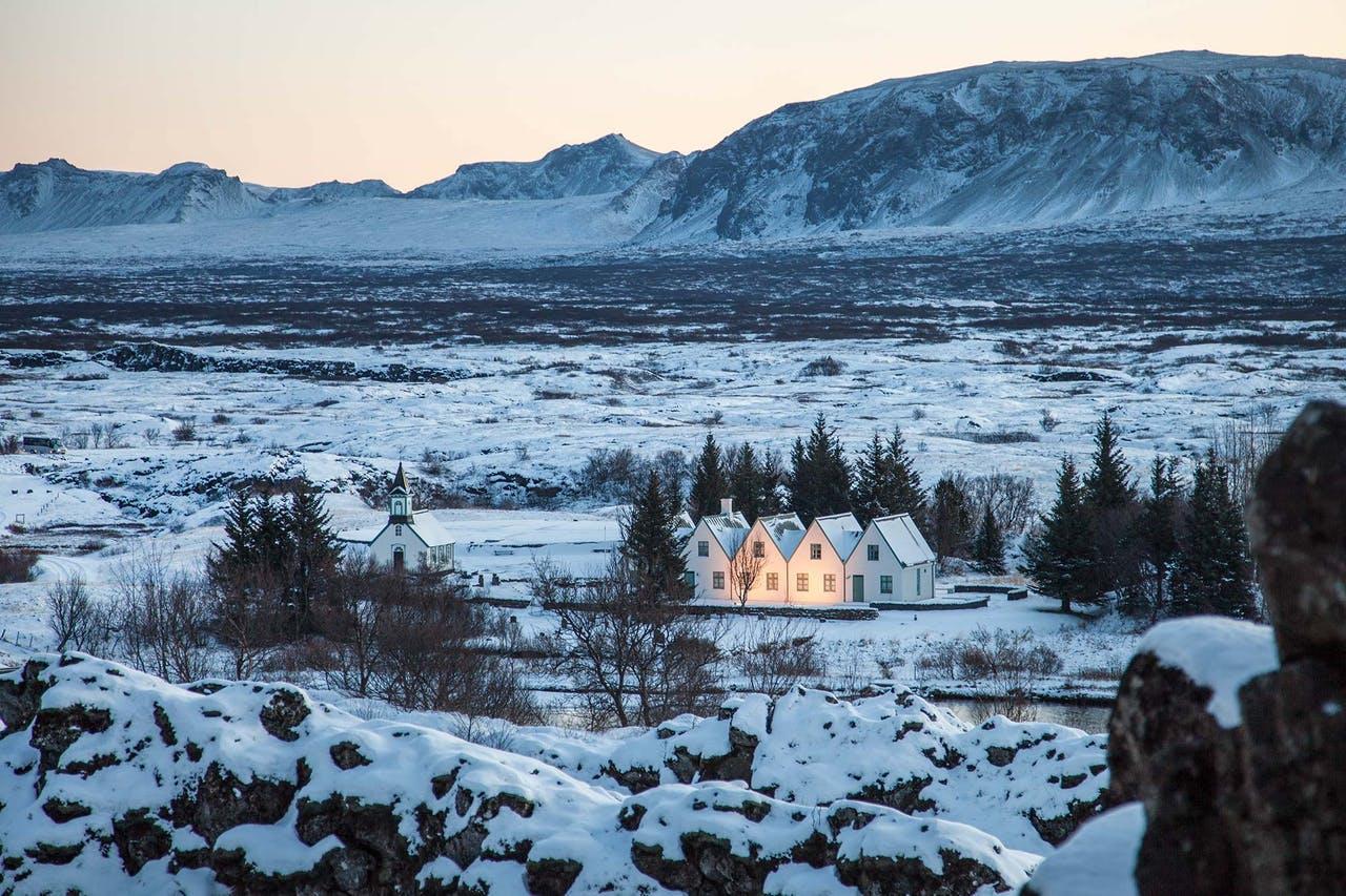 Thingvellir in February- the farm and old church and the surrounding landscape under a blanket of snow