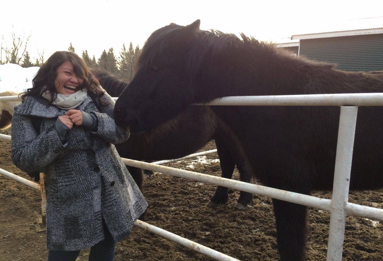 A woman smiling with an Icelandic horse
