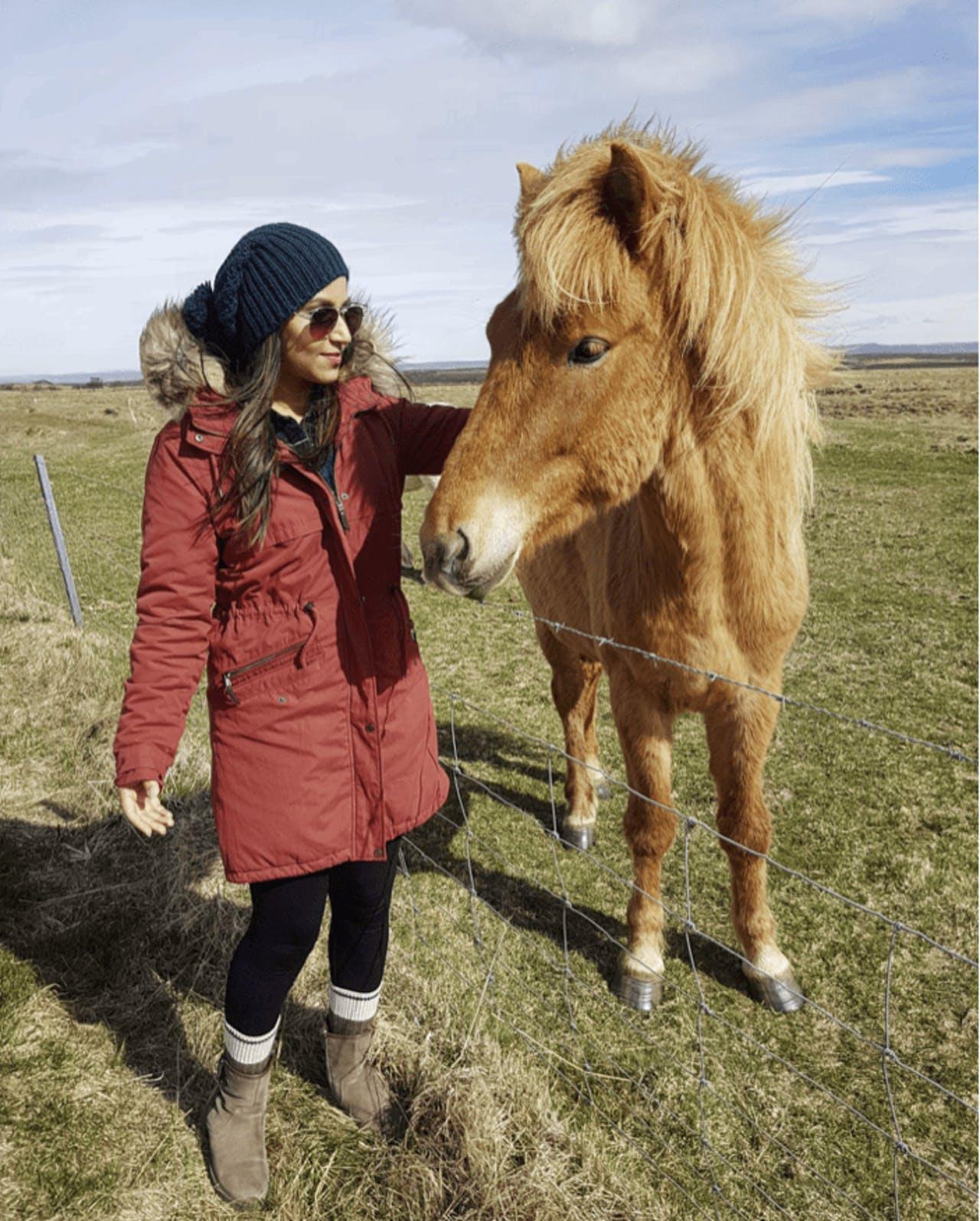A woman with a horse in Þingvellir National Park