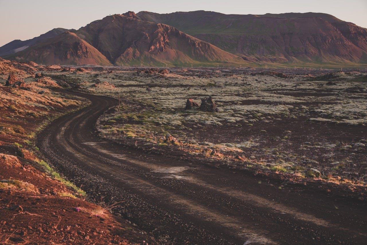 A secondary but signposted road through a lava field.
