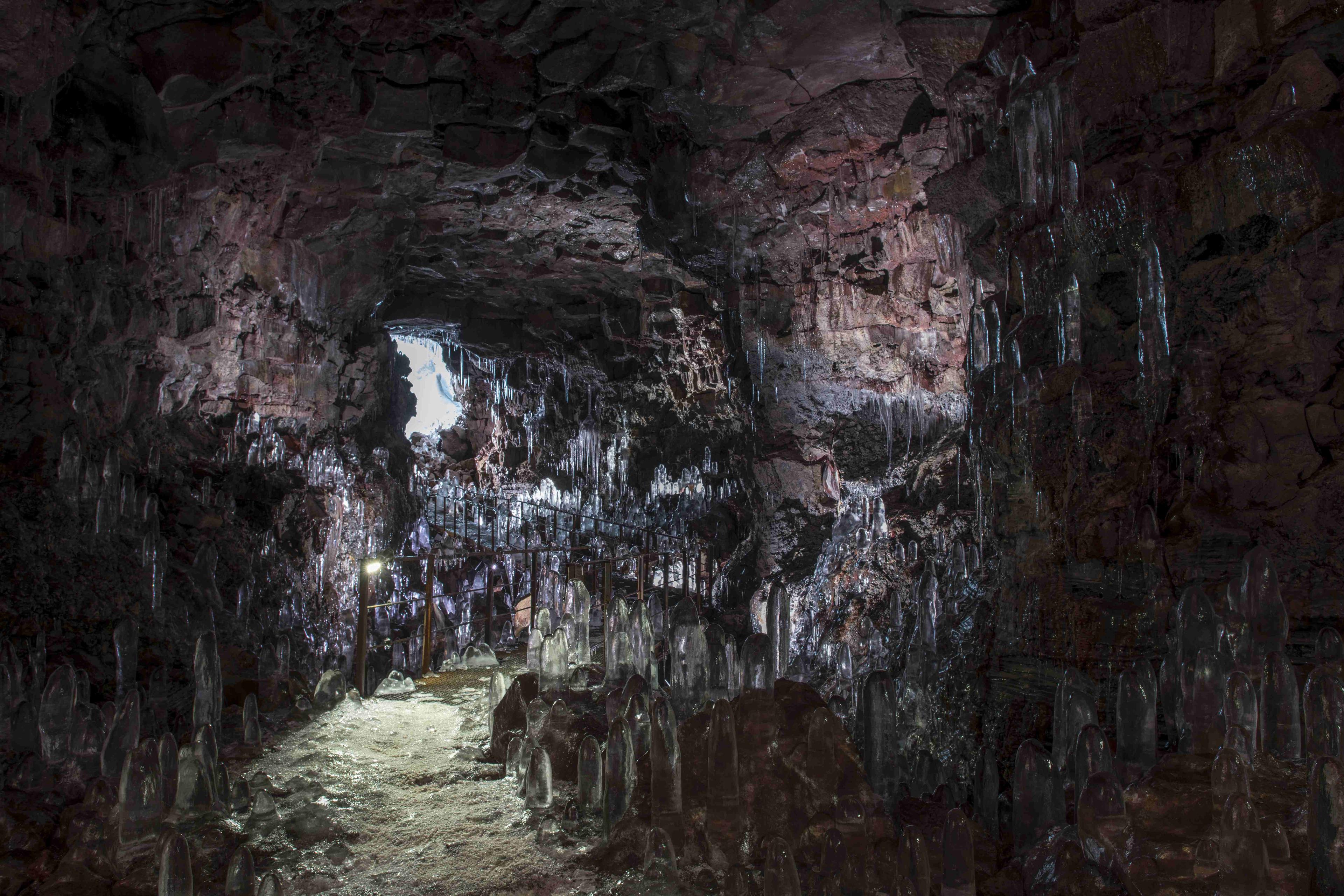 Icicles inside Raufarhólshellir lava tunnel