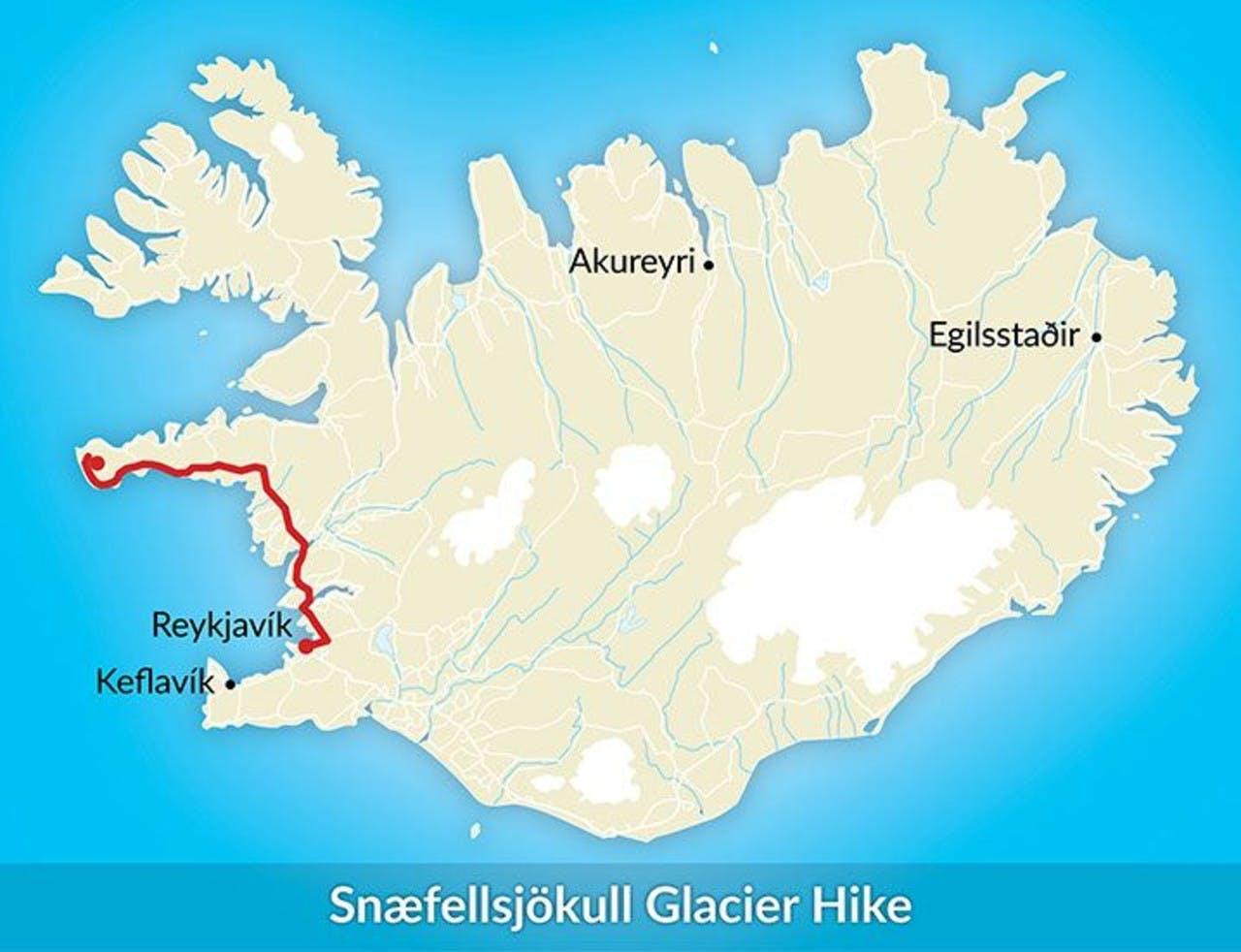 A map of Iceland showing the way to Snæfellsjökull