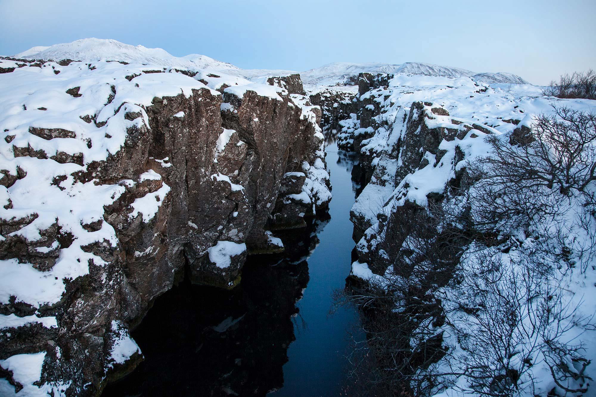 A snow-covered Almannagjá in Þingvellir National Park