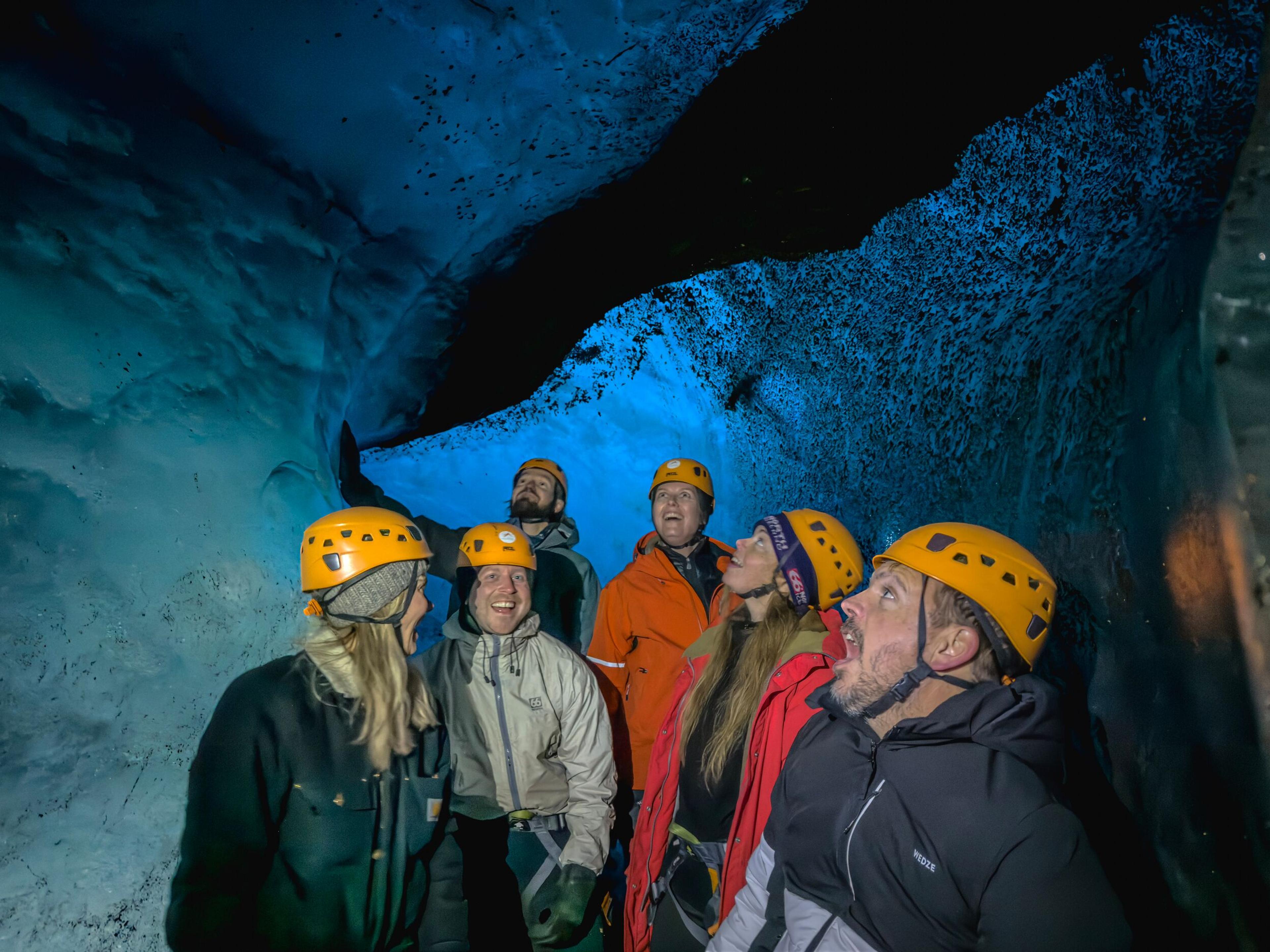 people inside the ice cave on a blue ice cave tour from Skaftafell, Vatnajökull