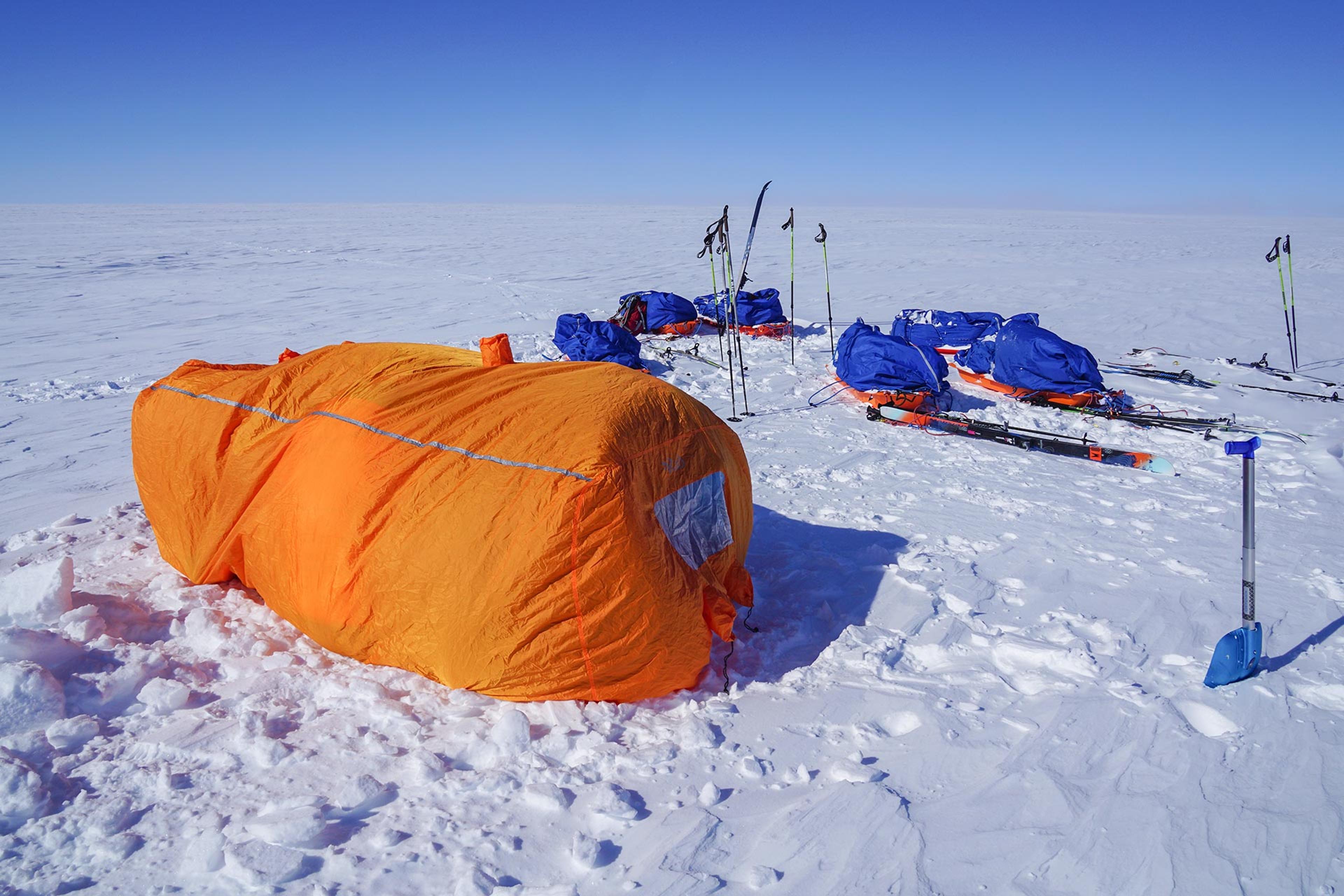 An emergency shelteron the snow covered glacier