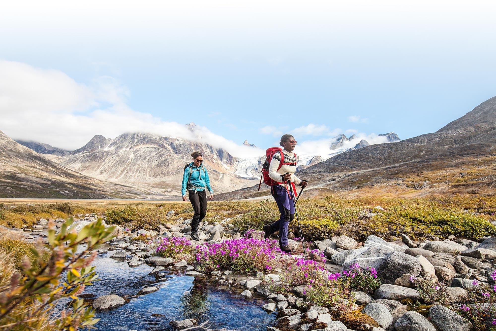 Two hikers walk through a scenic alpine valley with a small stream and blooming purple wildflowers. Snow-capped mountains and dramatic rocky peaks rise in the background under a partly cloudy sky.