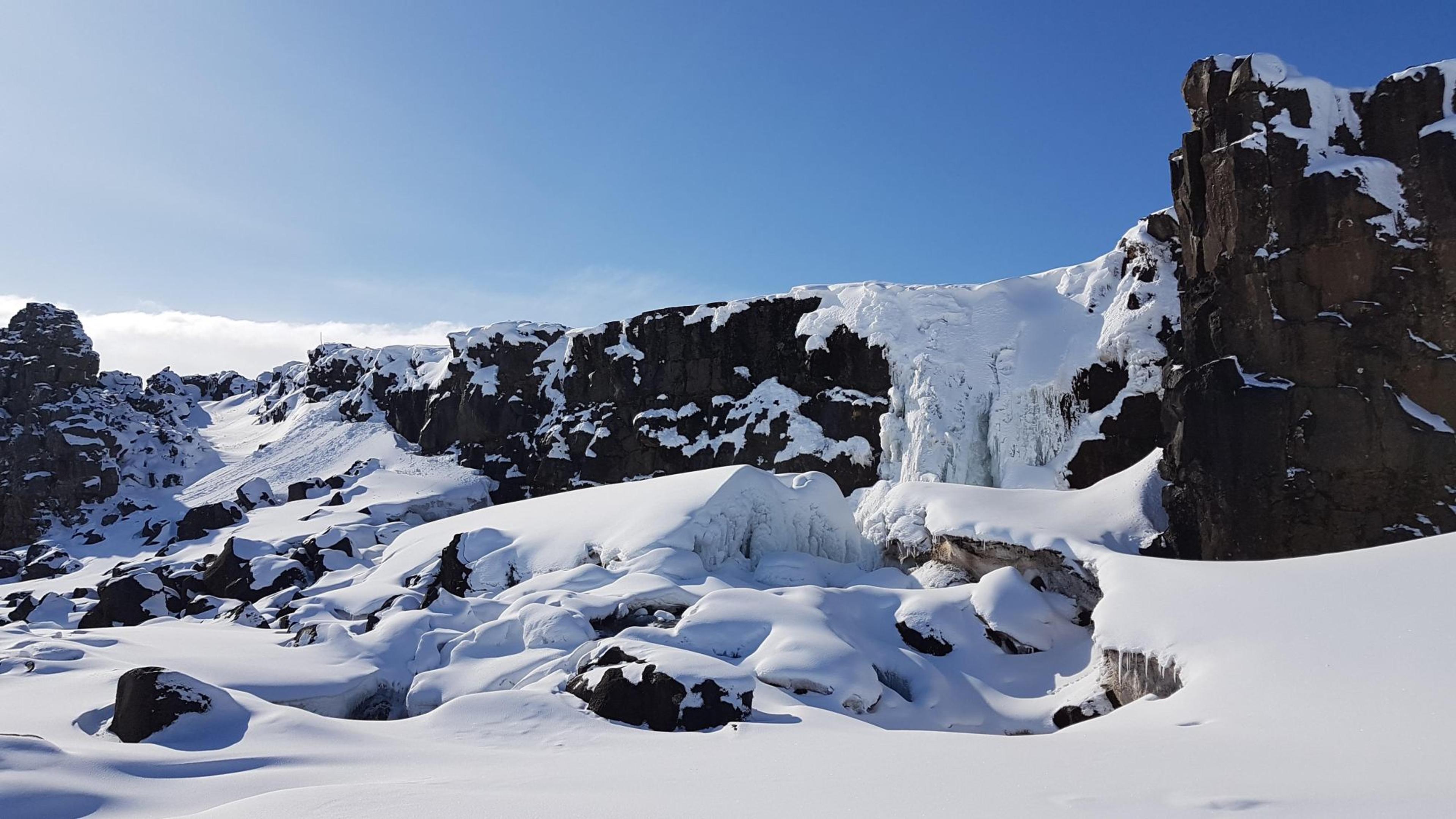 A frozen waterfall at Þingvellir National Park