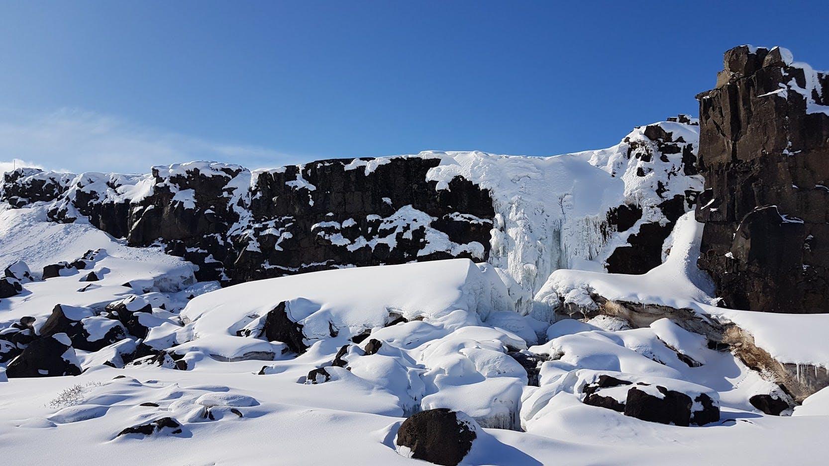 A frozen waterfall in Þingvellir National Park