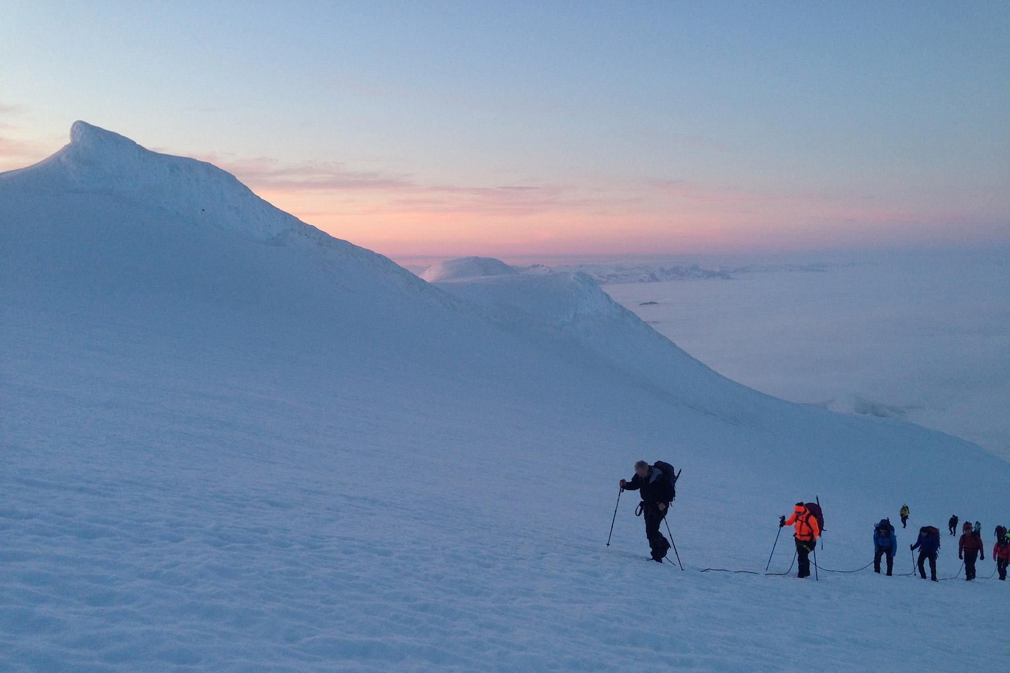 Hikers roped up getting close top the summit of Snafellsjokull