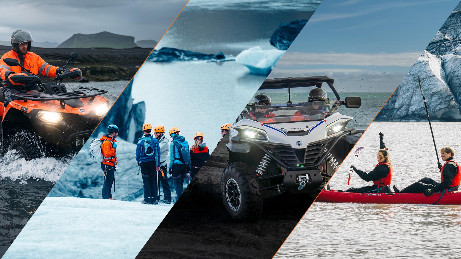 A collage of Icelandic adventures including ATV riding, an ice cave, a buggy and kayaking