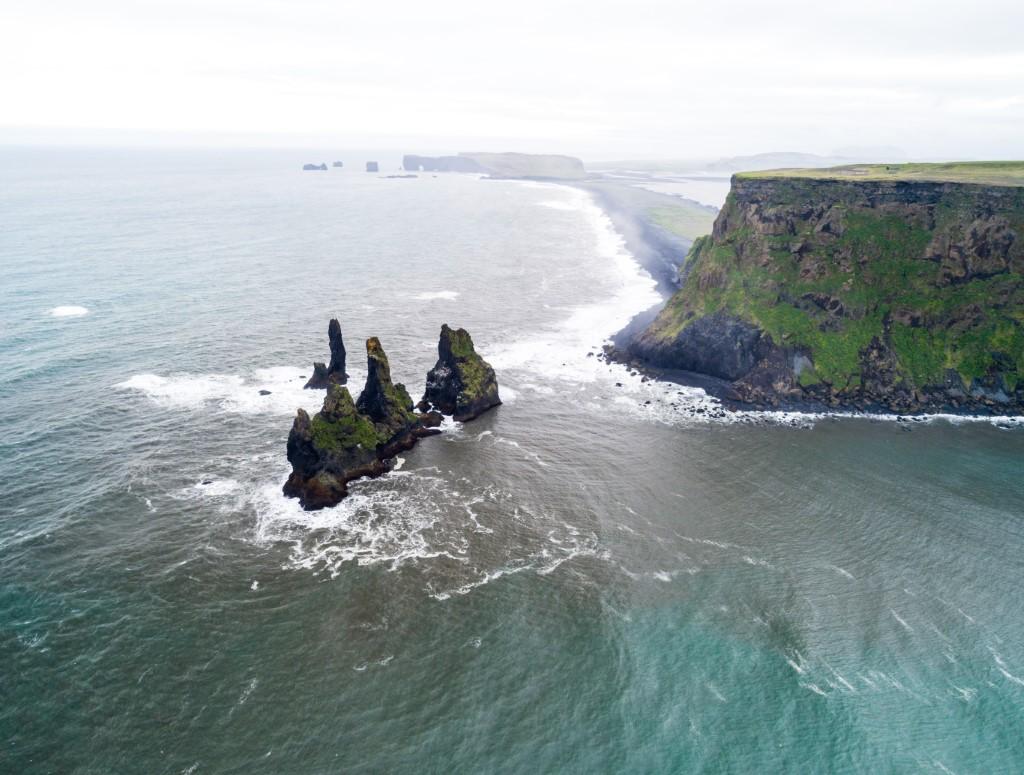 An aerial view of the Reynisdrangar sea tacks