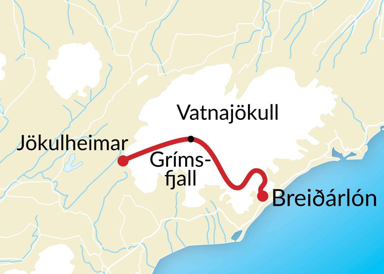 A close up map of Vatnajökull glacier showing where the tour Vatnajökull glacier expedition crosses Vatnajökull glacier