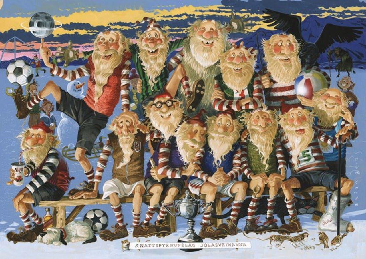 All the 13 funny Iceland´s Yule lads standing and sitting together with a funny faces on