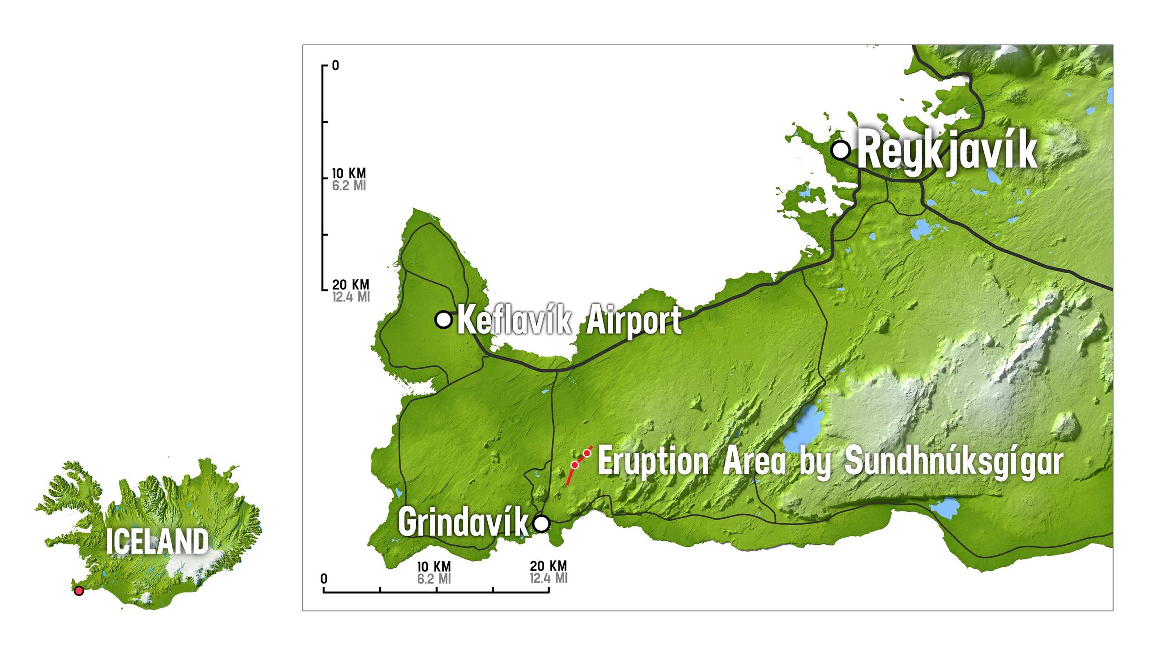 A map of Reykjanes peninsula in relation to Iceland