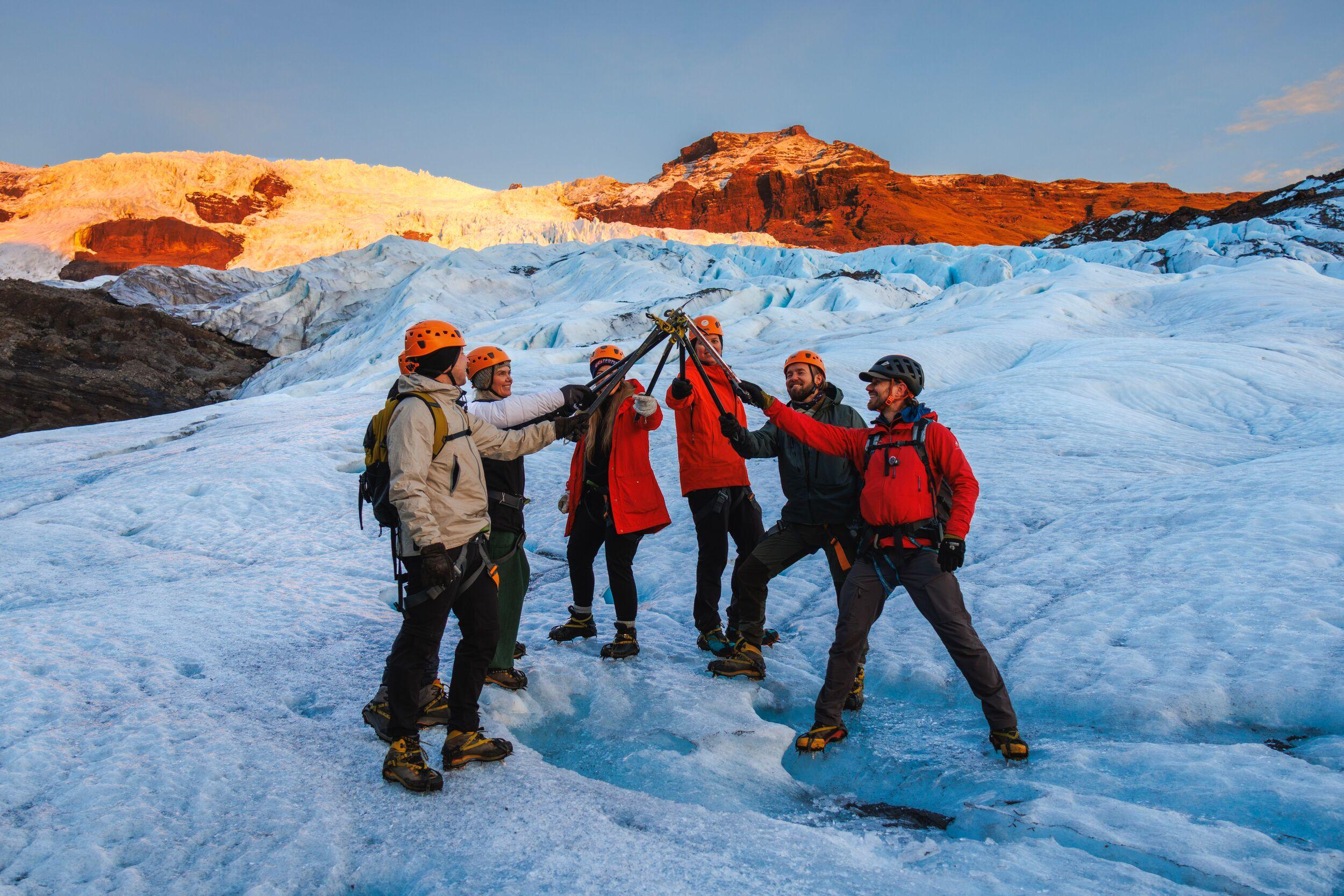 People hiking on Falljökull, an outlet glacier of Vatnajökull ice cap in iceland