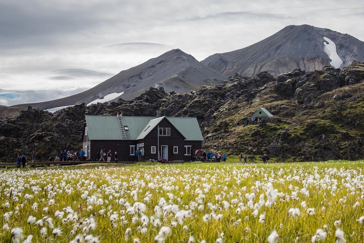 beautiful scenery over an old hut in Icelandic nature in Laugavegur, Landmannalaugar