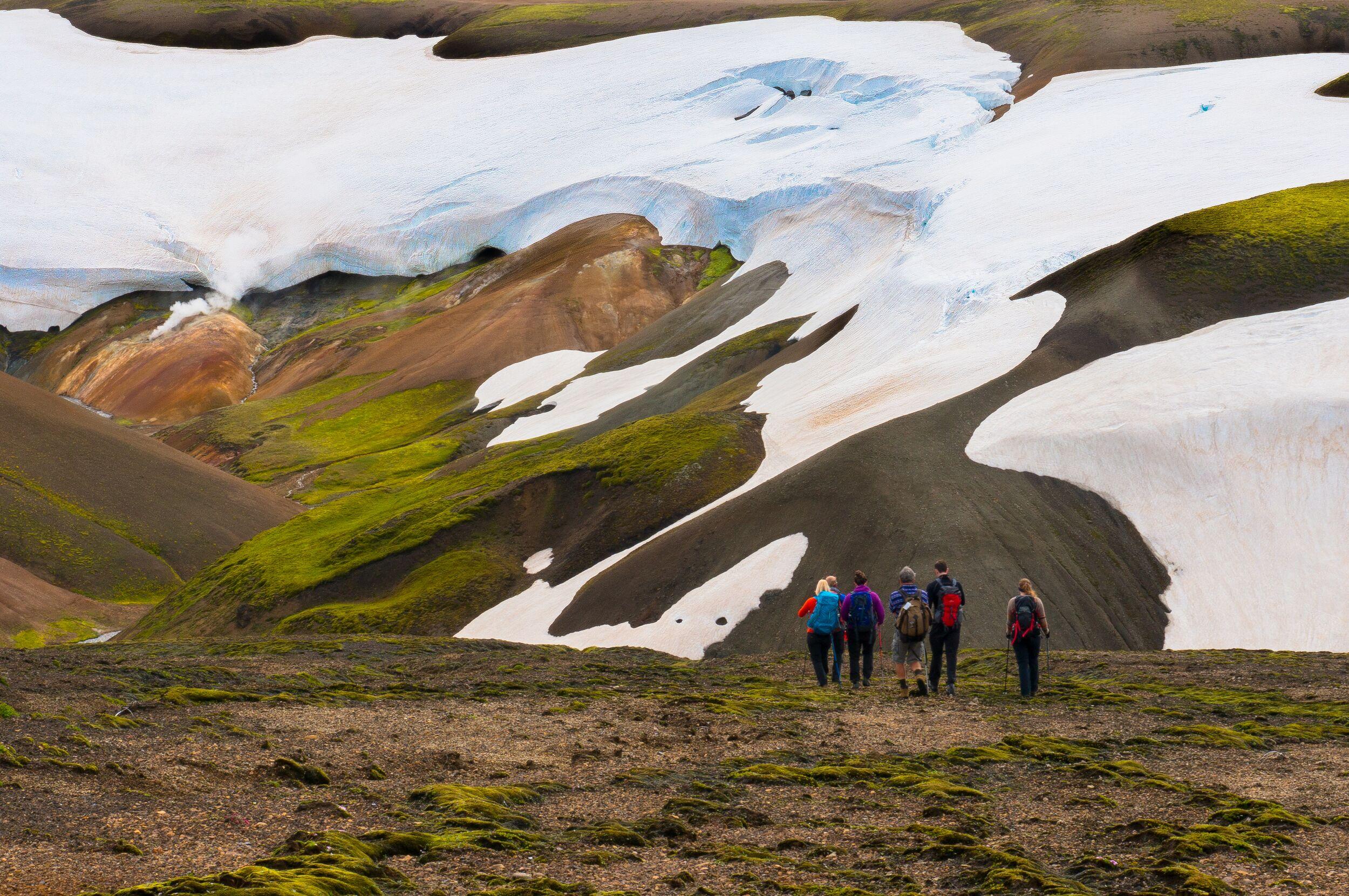 A group of hikers walks towards a glacier in Landmannalaugar, surrounded by moss-covered hills and patches of snow on the volcanic landscape.