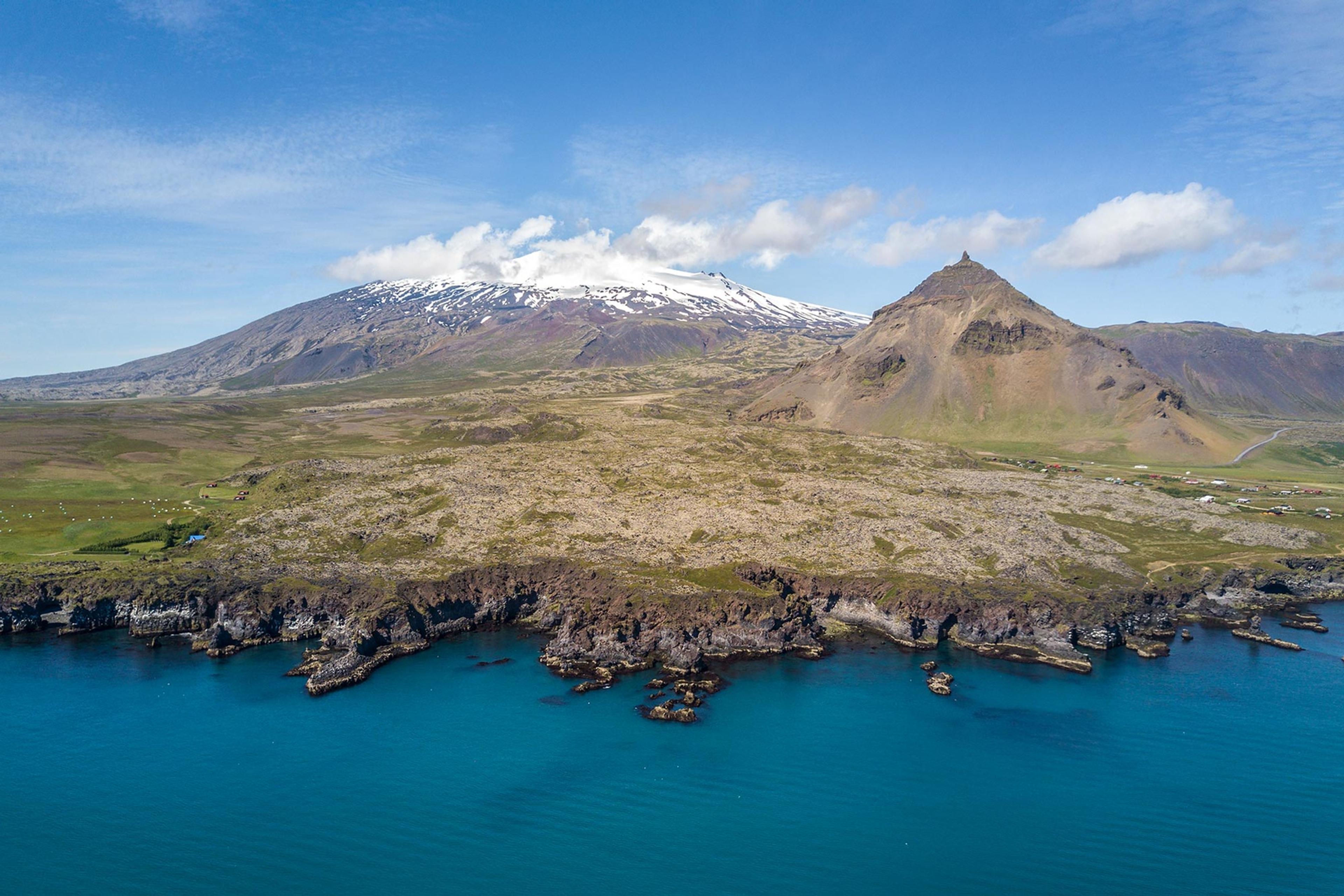 An aerial view over Snæfellsjökull glacier and Stapafell nountain in Snæfellsnes national park